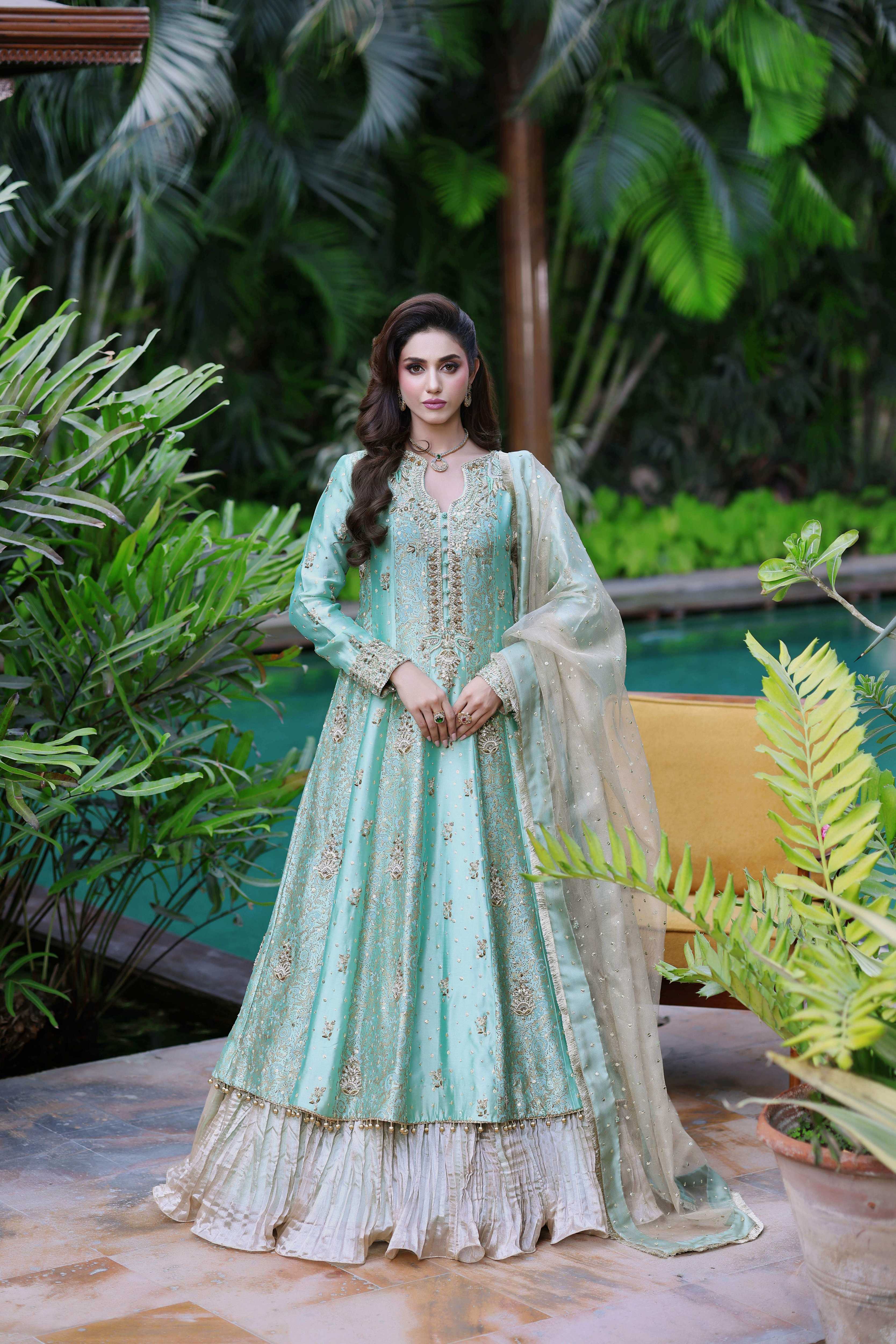 Two-Toned Green Sheesha Block Nur Anarkali