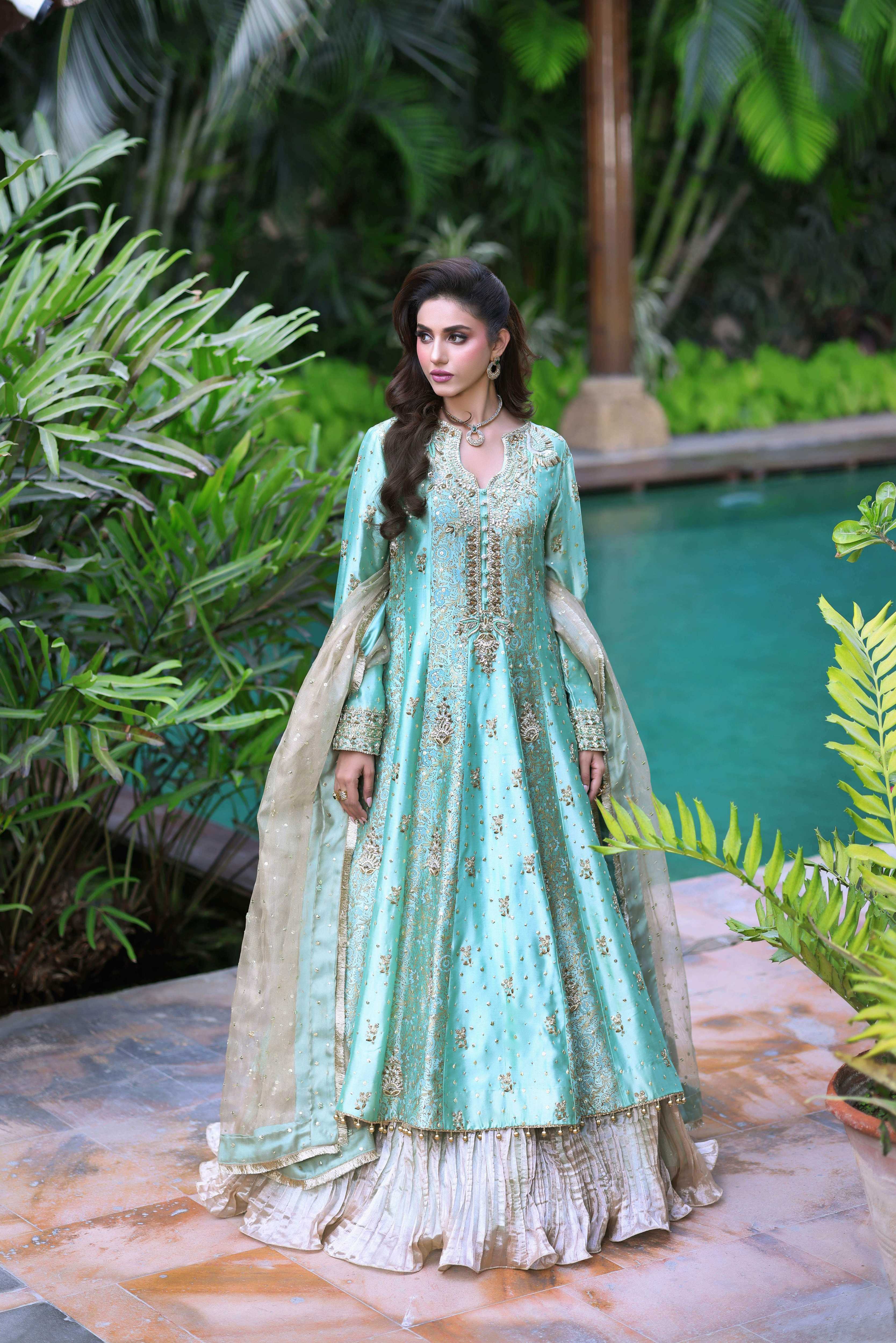 Two-Toned Green Sheesha Block Nur Anarkali