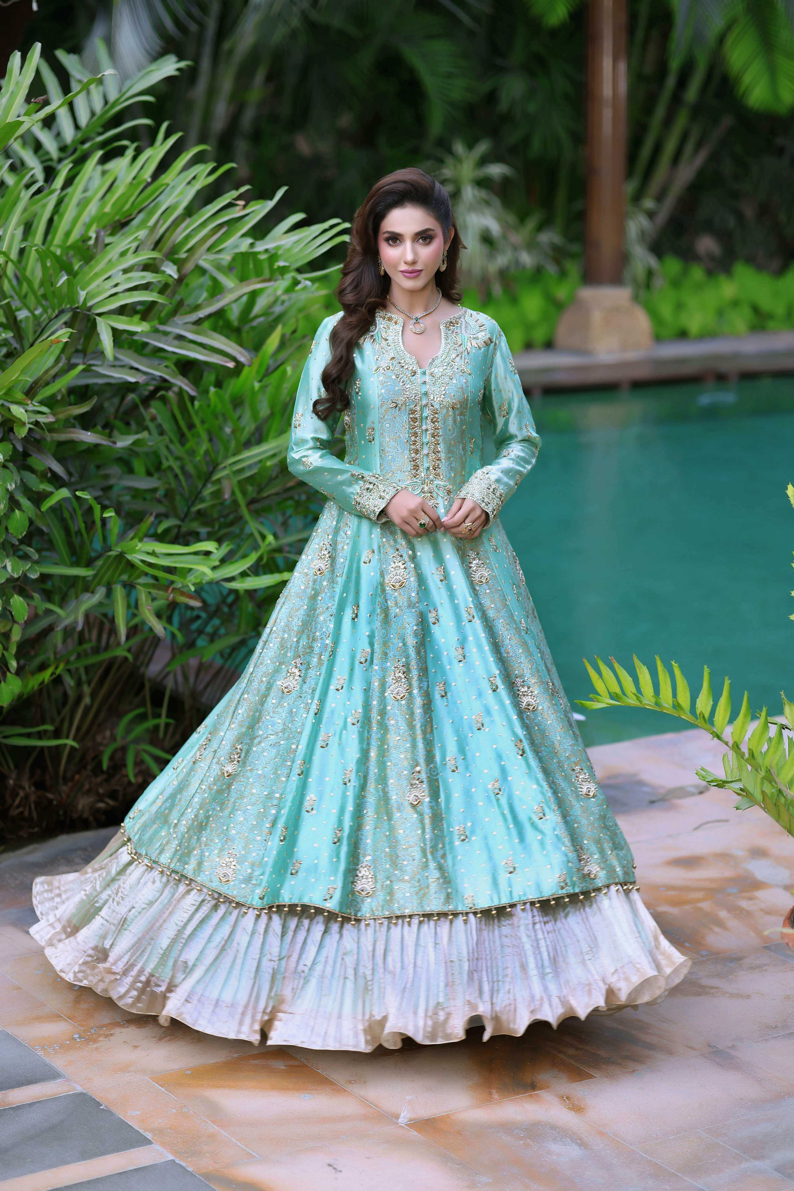 Two-Toned Green Sheesha Block Nur Anarkali