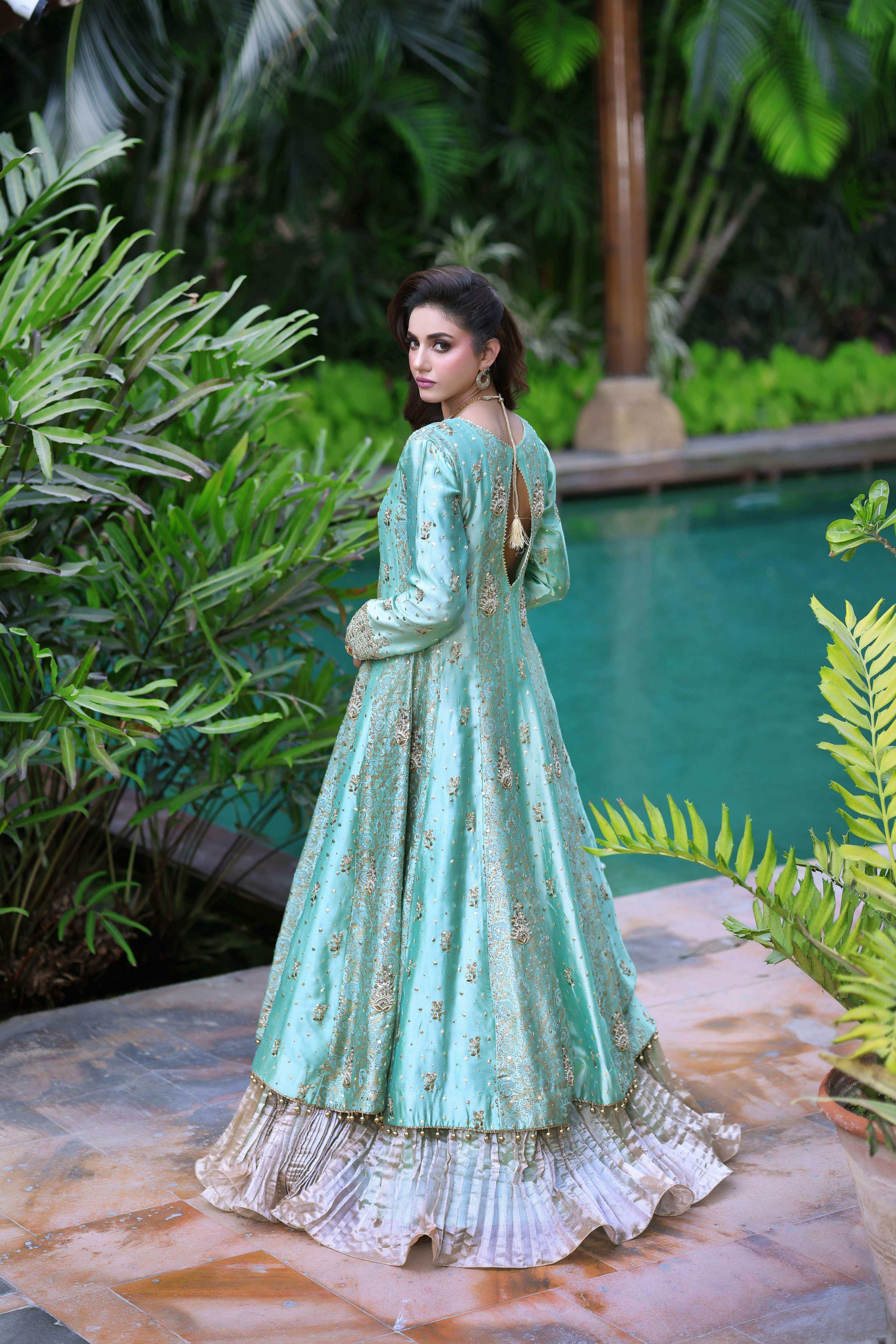 Two-Toned Green Sheesha Block Nur Anarkali