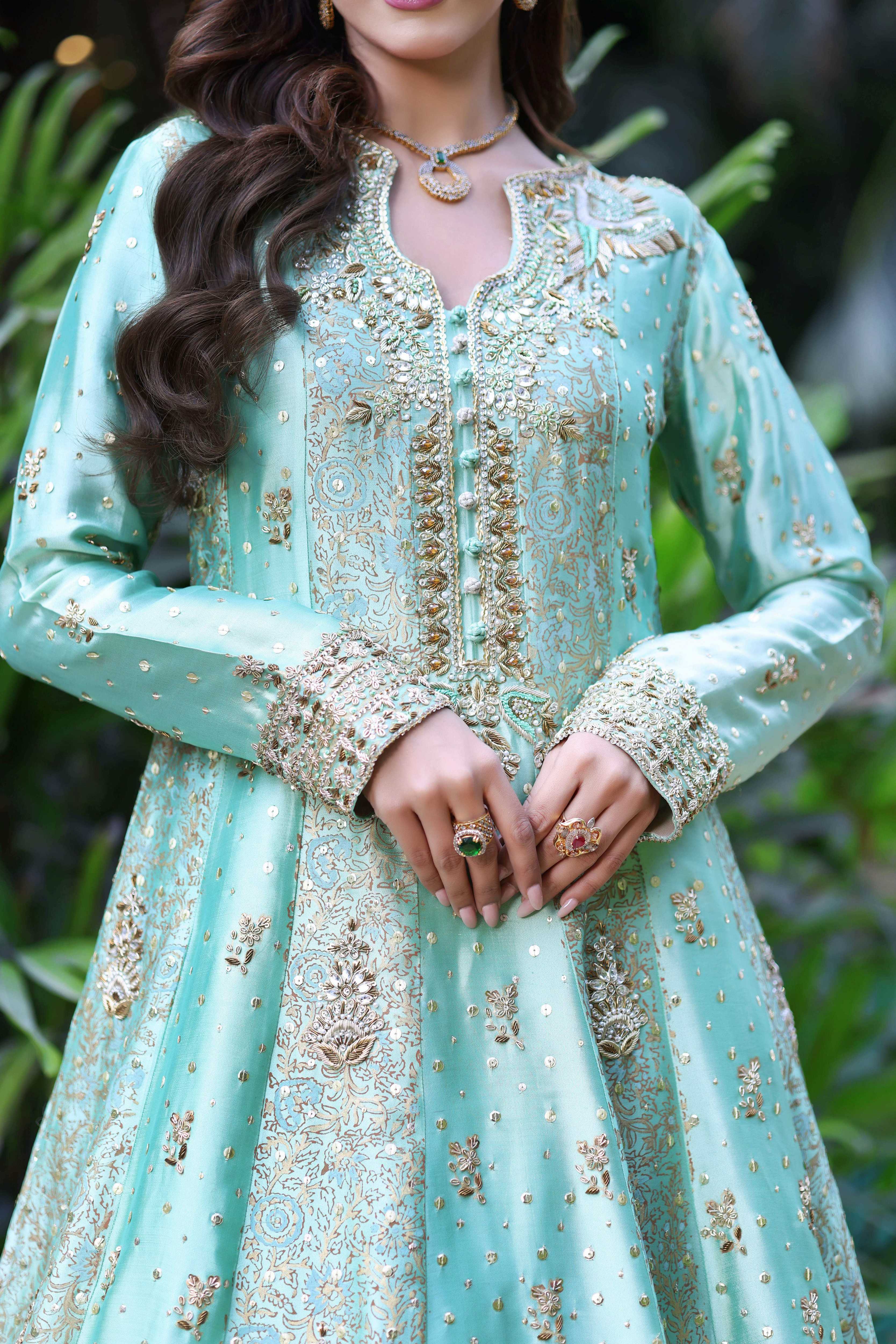 Two-Toned Green Sheesha Block Nur Anarkali
