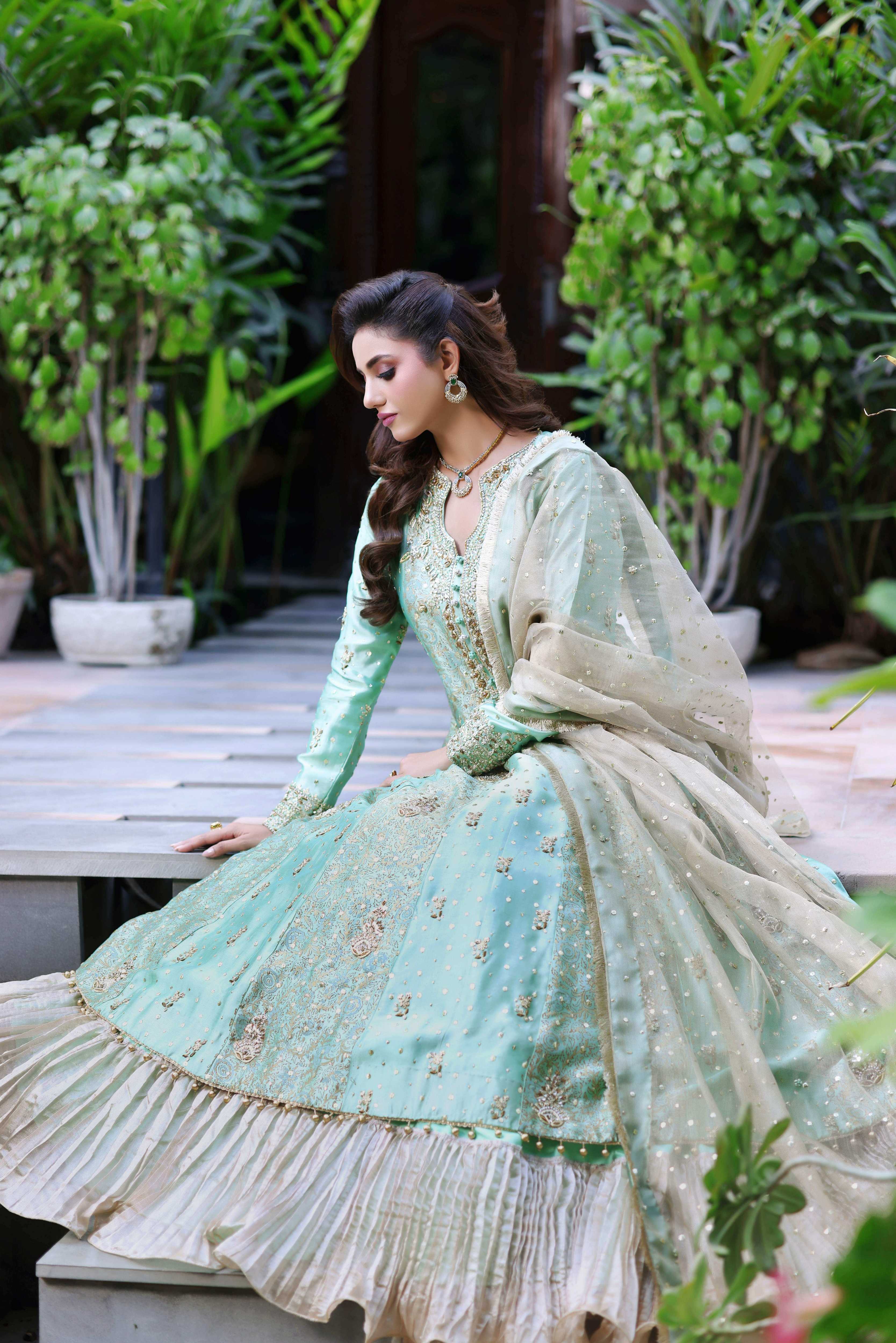 Two-Toned Green Sheesha Block Nur Anarkali