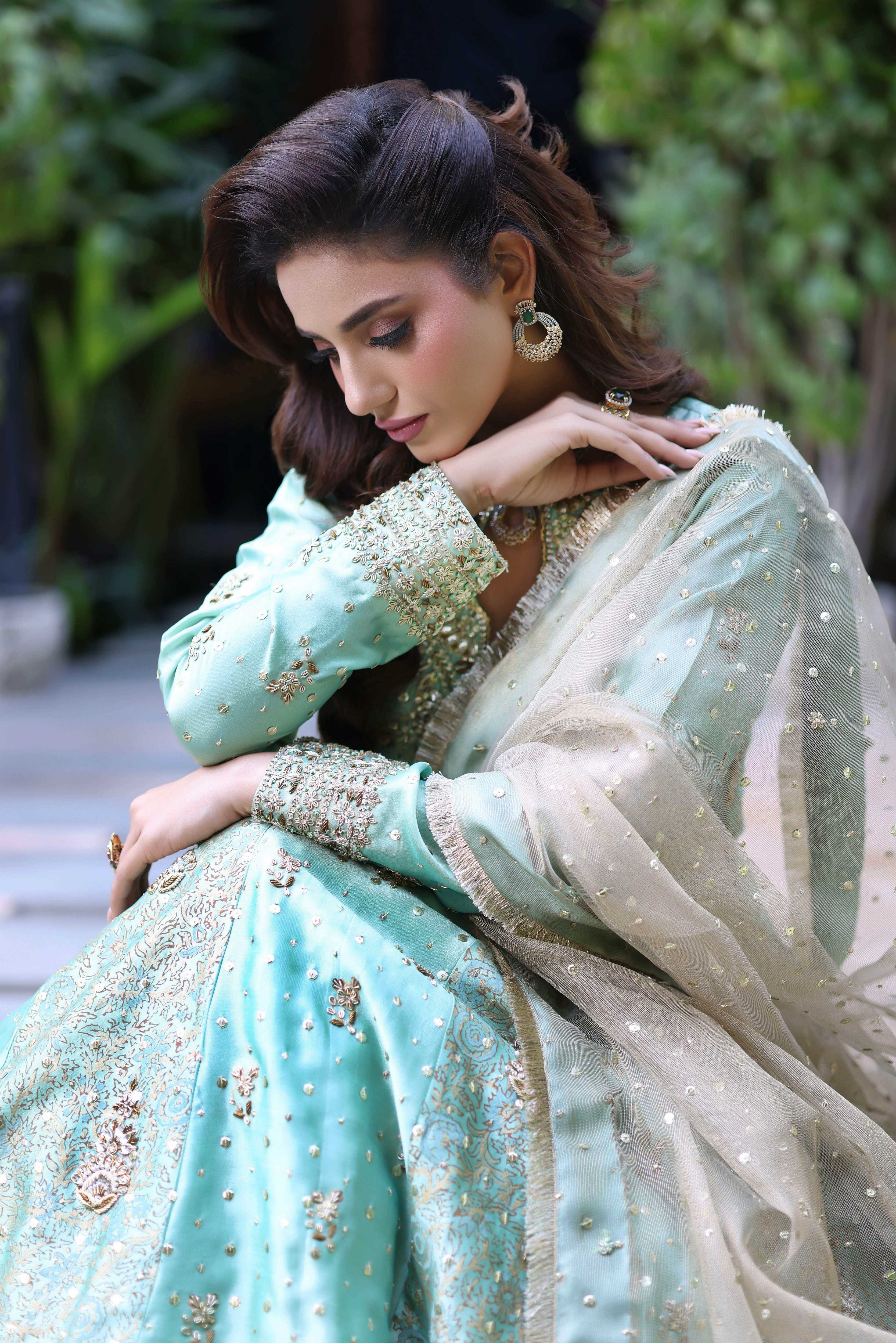 Two-Toned Green Sheesha Block Nur Anarkali