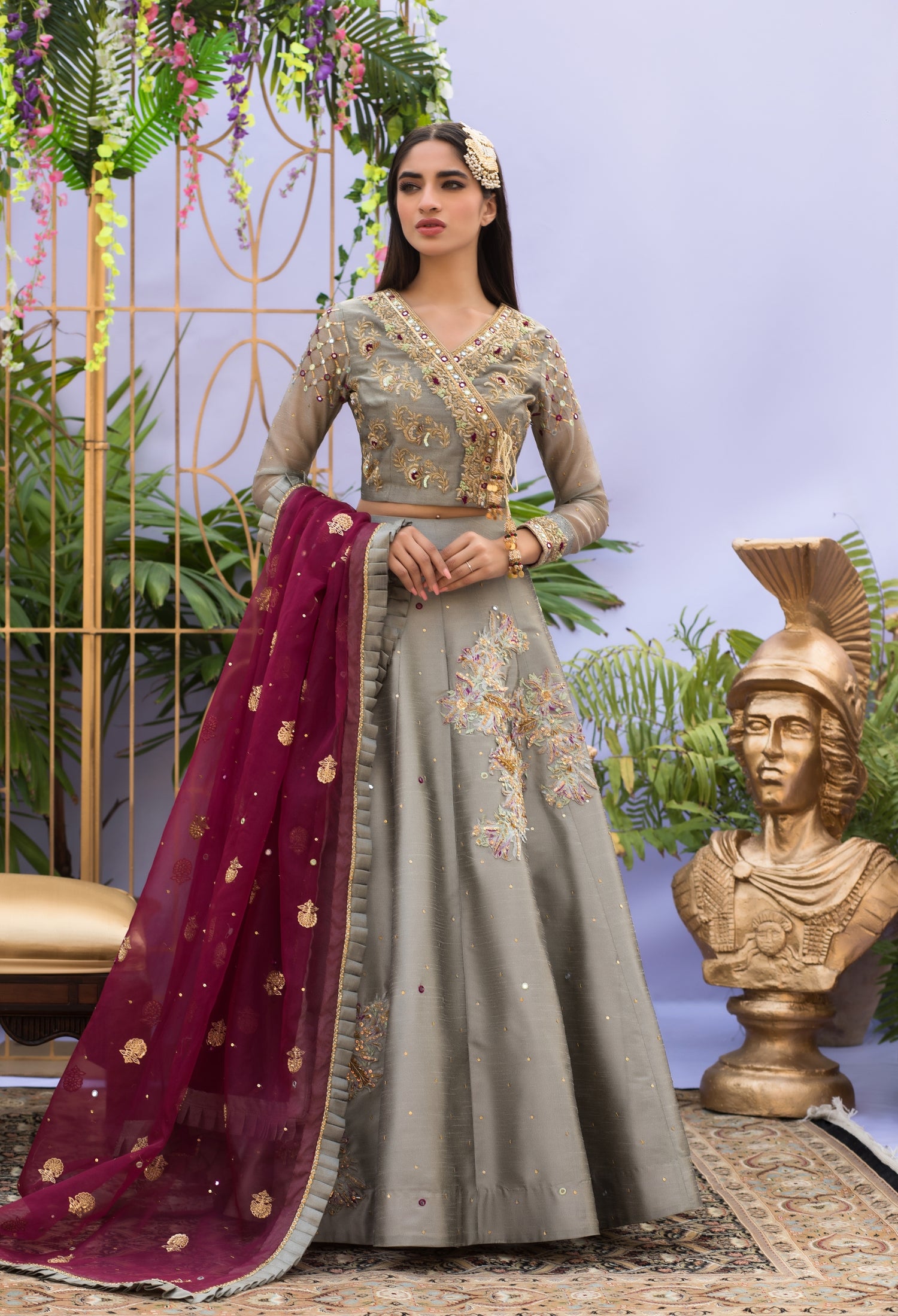 Grey and Magenta Lenga Choli