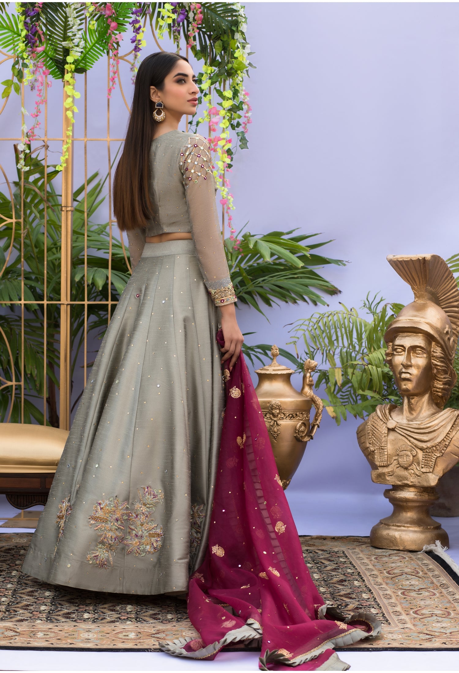 Grey and Magenta Lenga Choli
