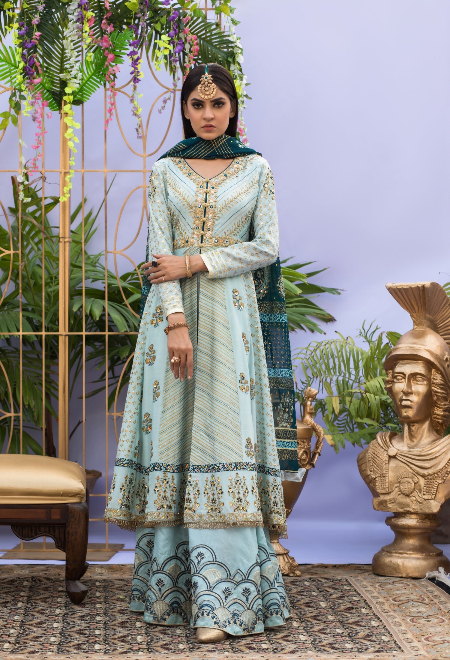 Ferozi and Teal BlockPrint Angarkha | Women Dresses Pakistani Ferozi and Teal BlockPrint Angarkha | Women Dresses Pakistani