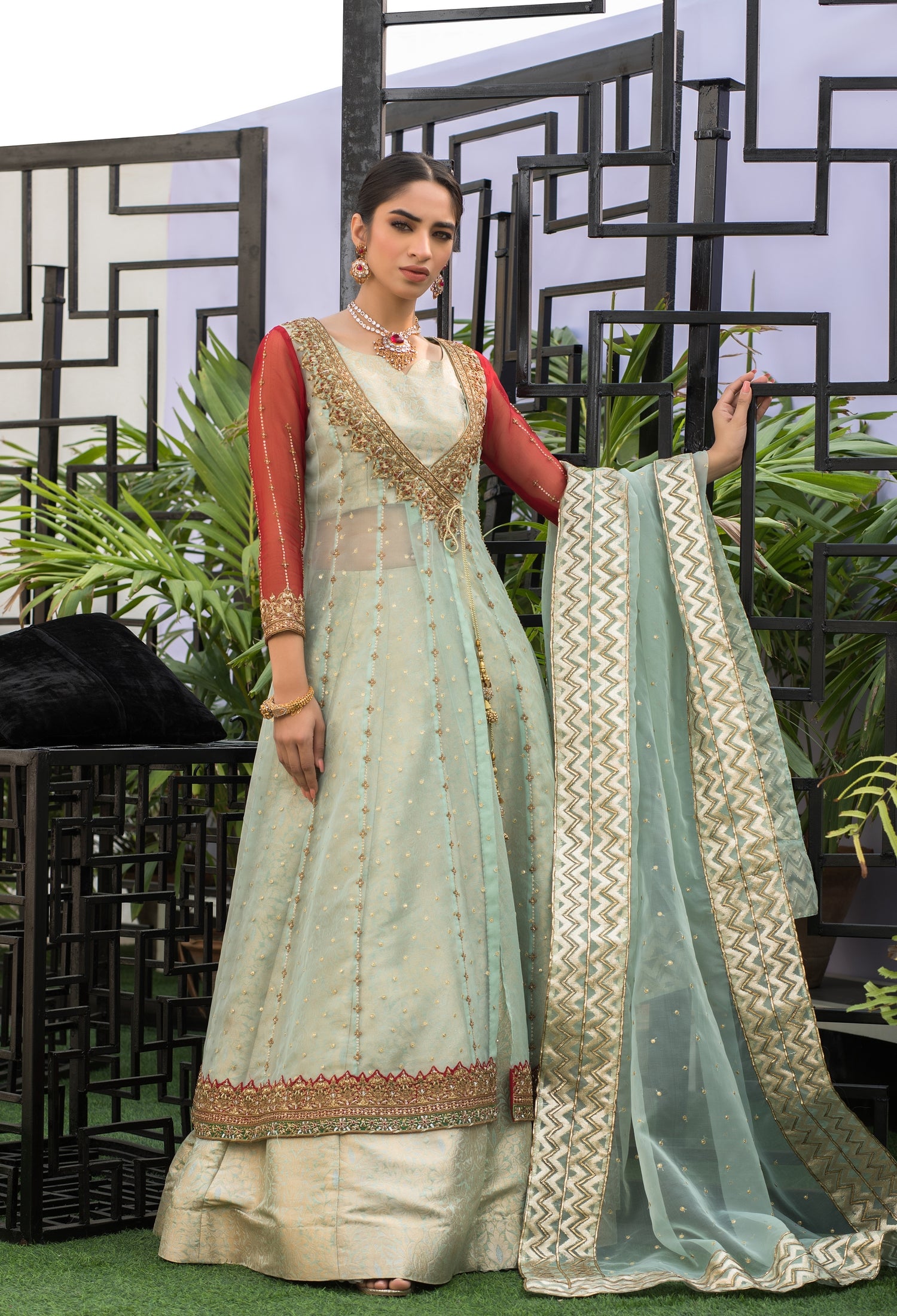 Mint Green and Red Angarkha and Lenga