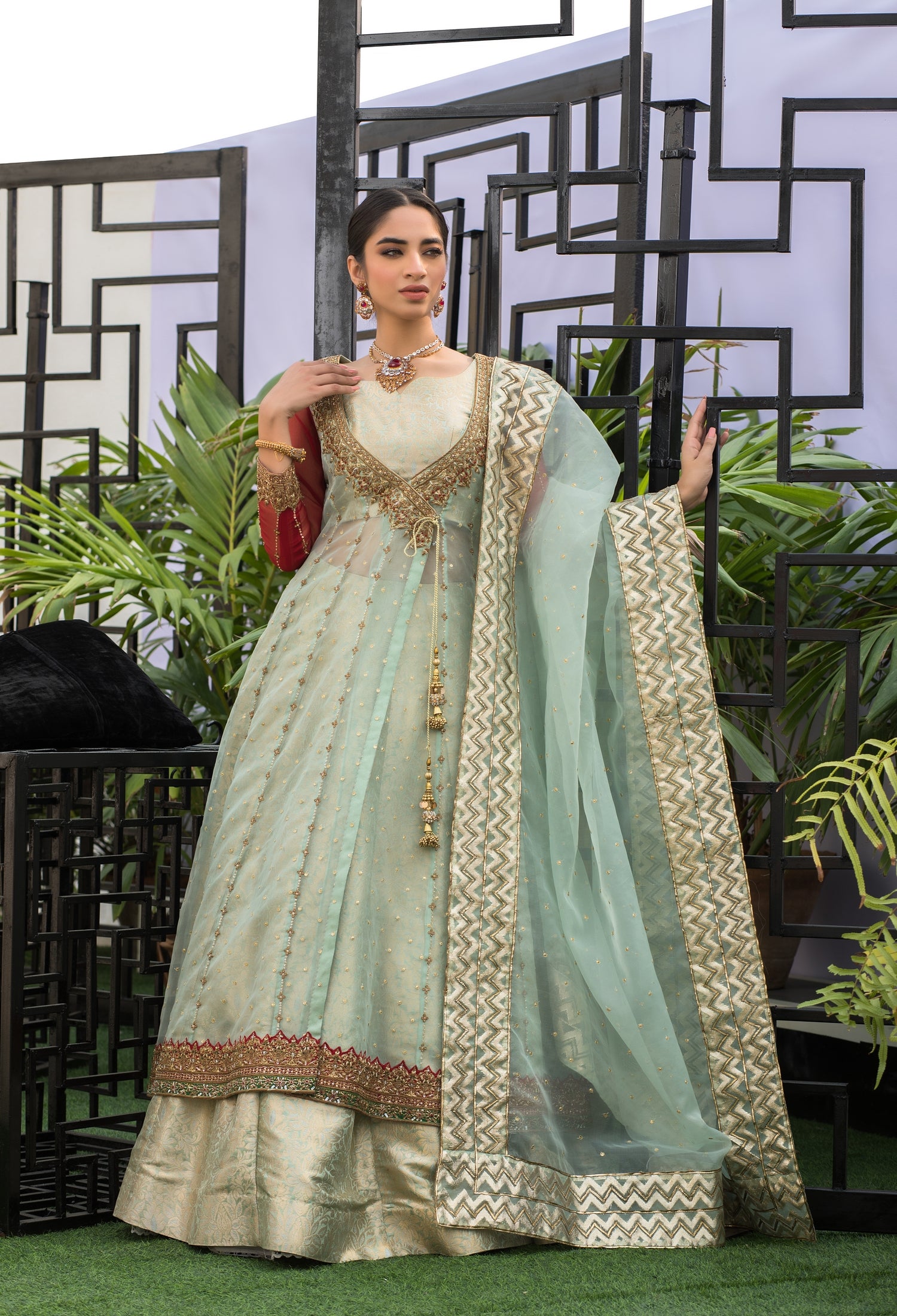 Mint Green and Red Angarkha and Lenga