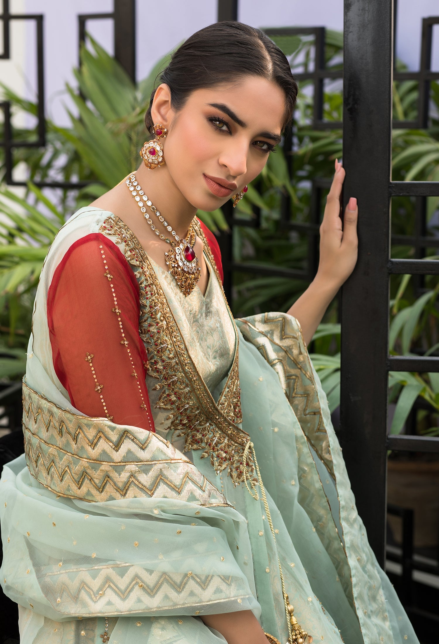 Mint Green and Red Angarkha and Lenga