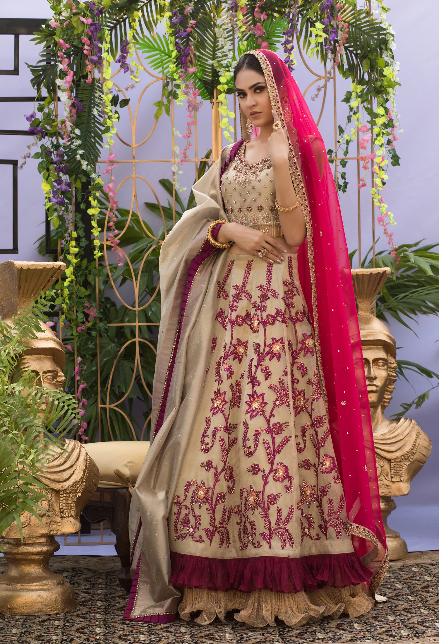 Gold and Magenta Lenga Choli