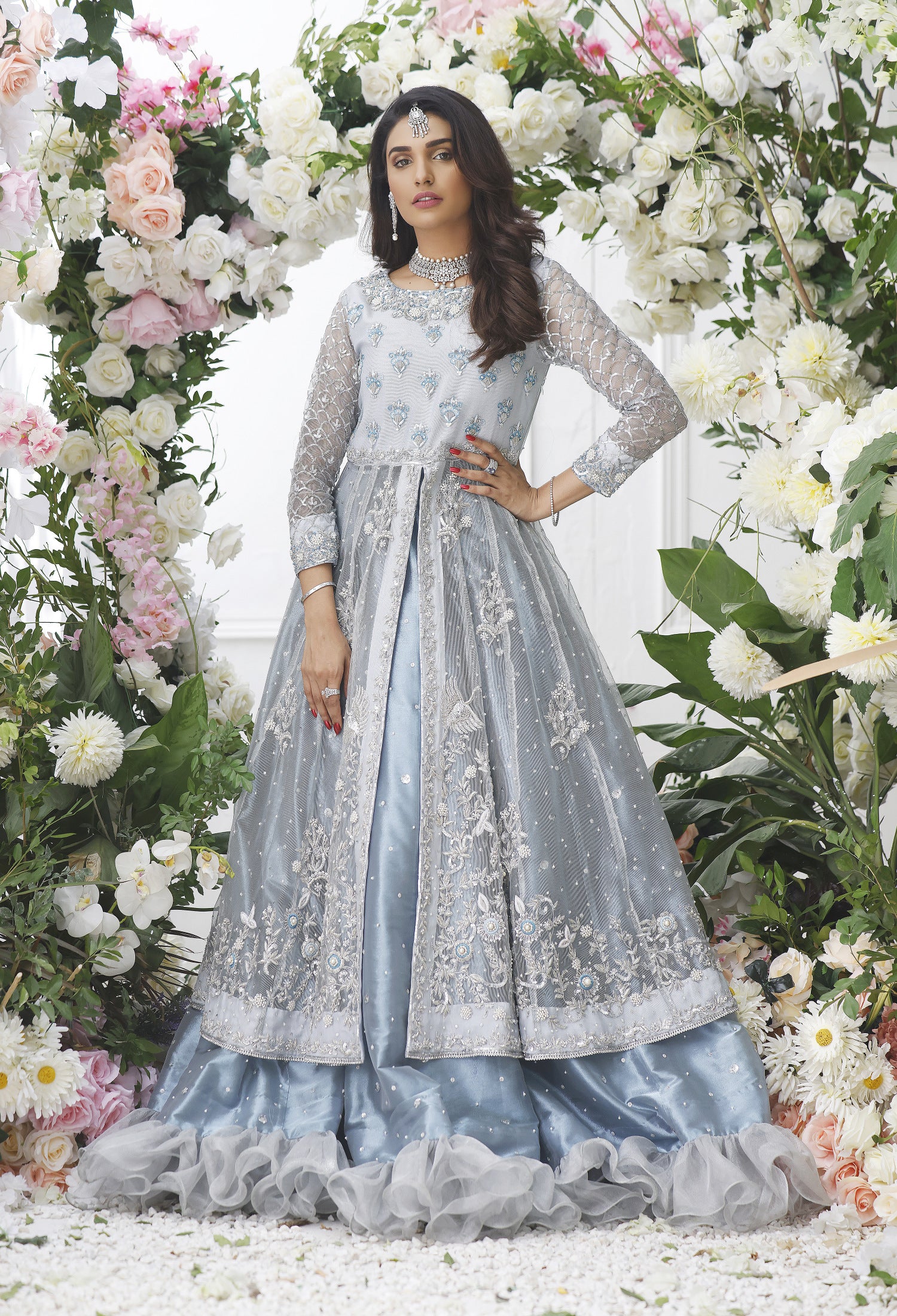 Ice Blue Anarkali with Frill Lenga