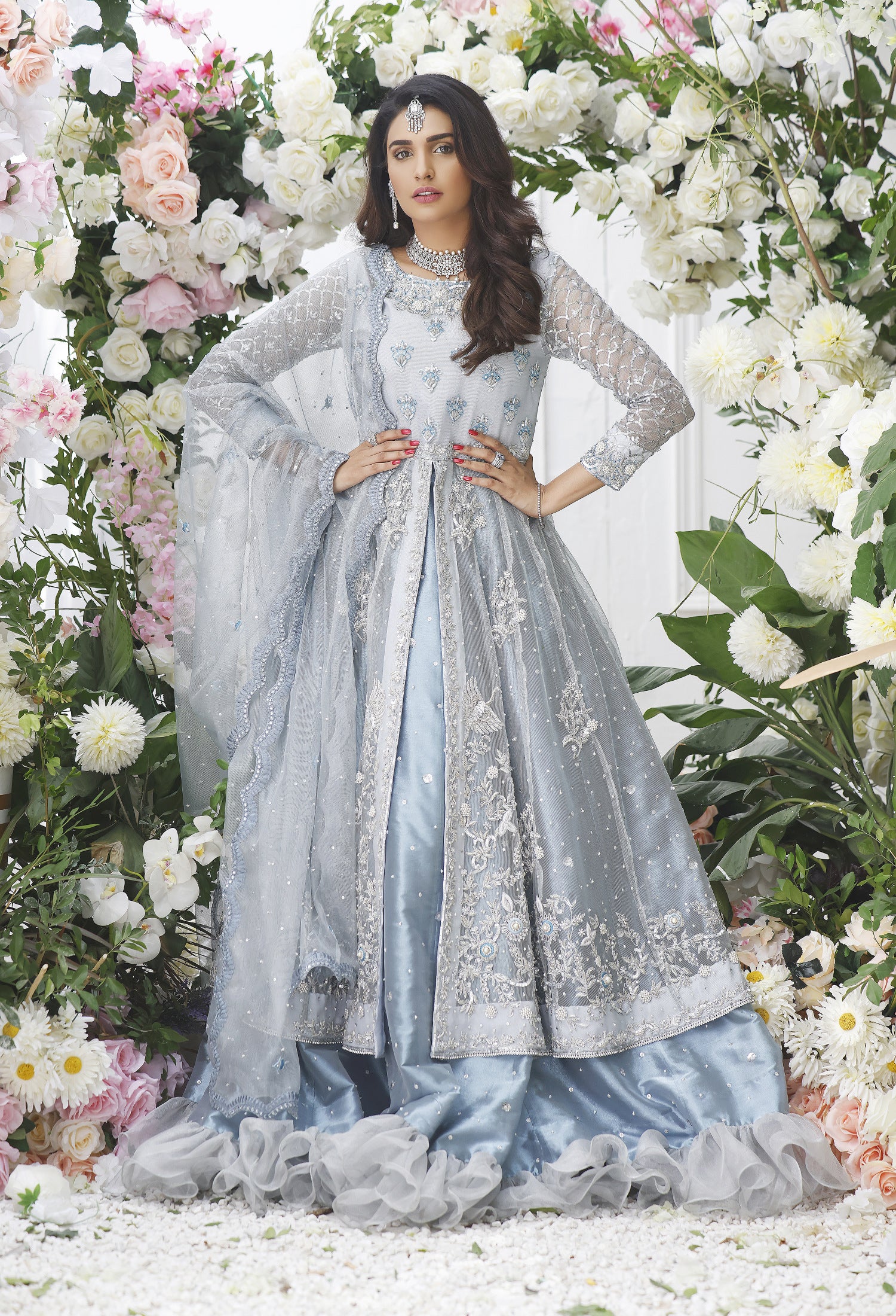 Ice Blue Anarkali with Frill Lenga