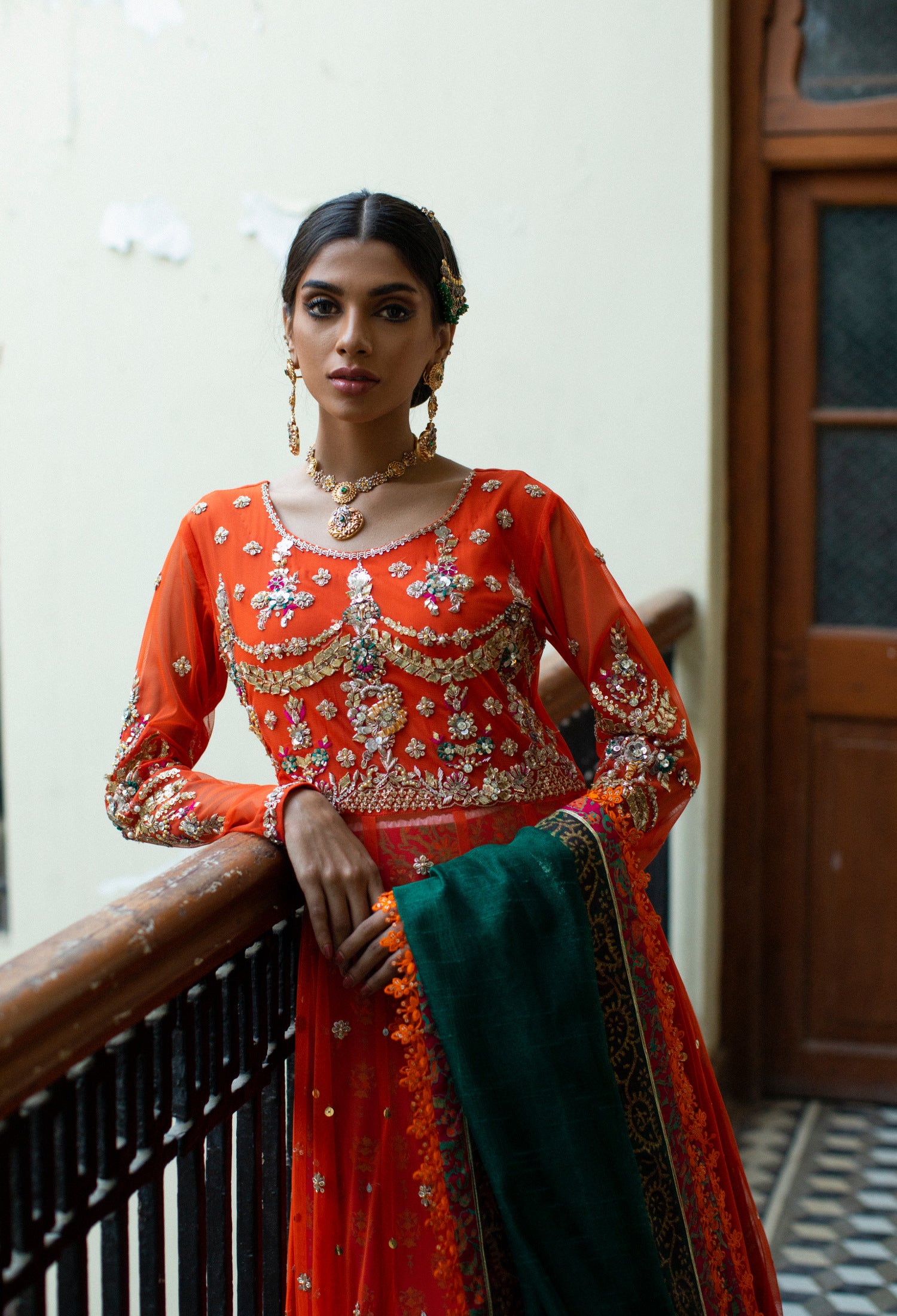 Burnt & Emerald Shawl Anarkali