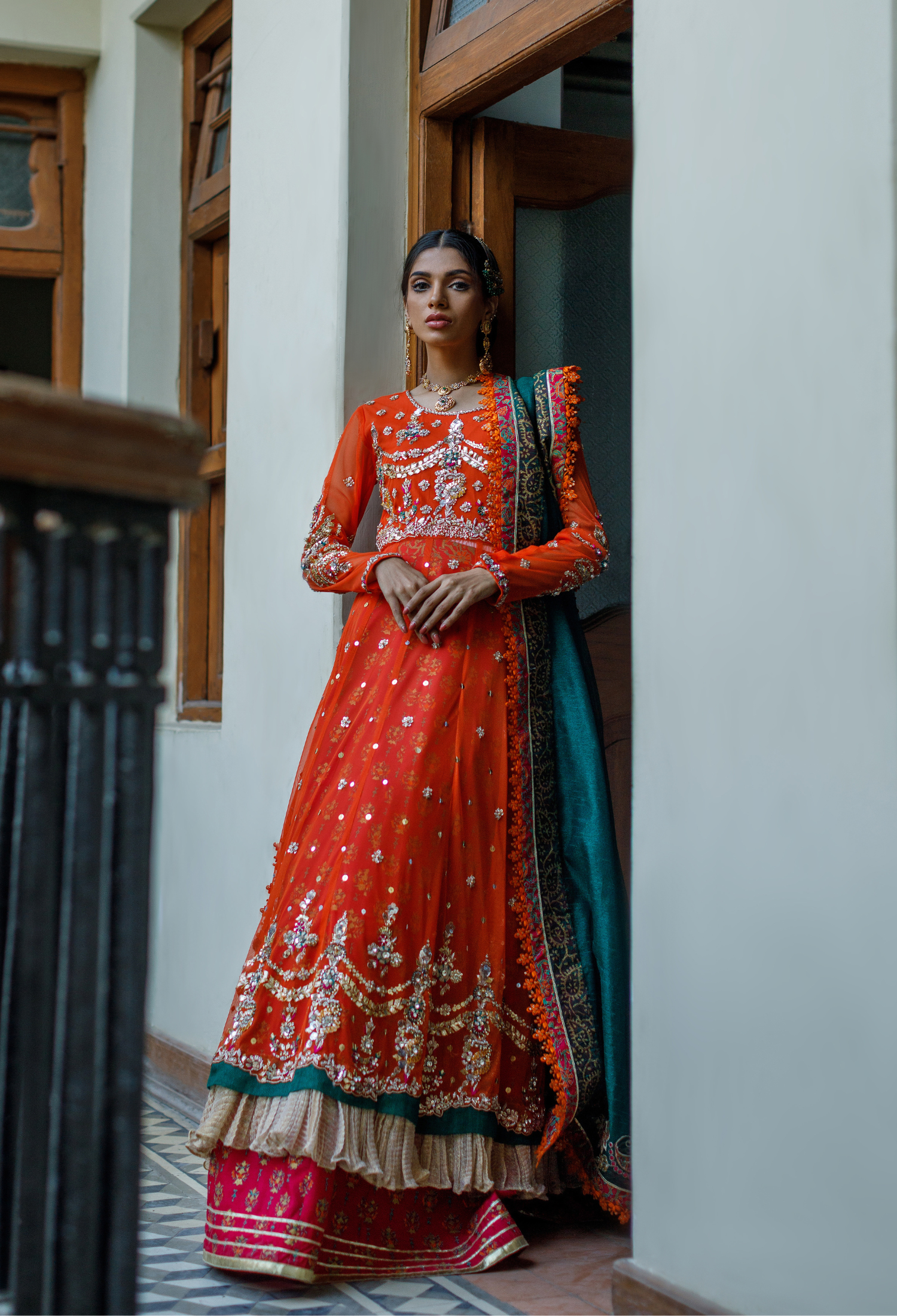 Burnt & Emerald Shawl Anarkali