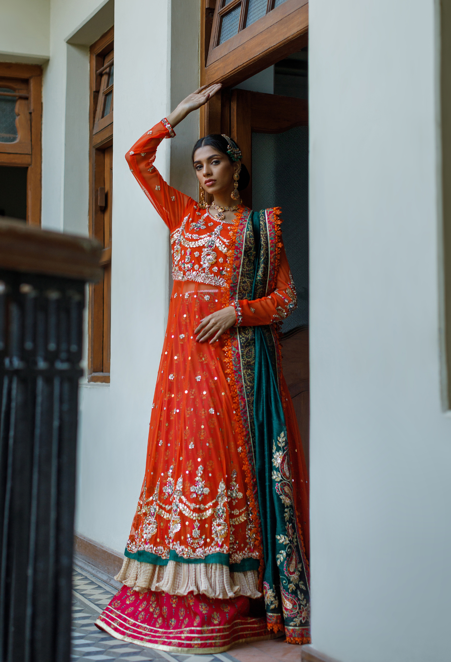 Burnt & Emerald Shawl Anarkali