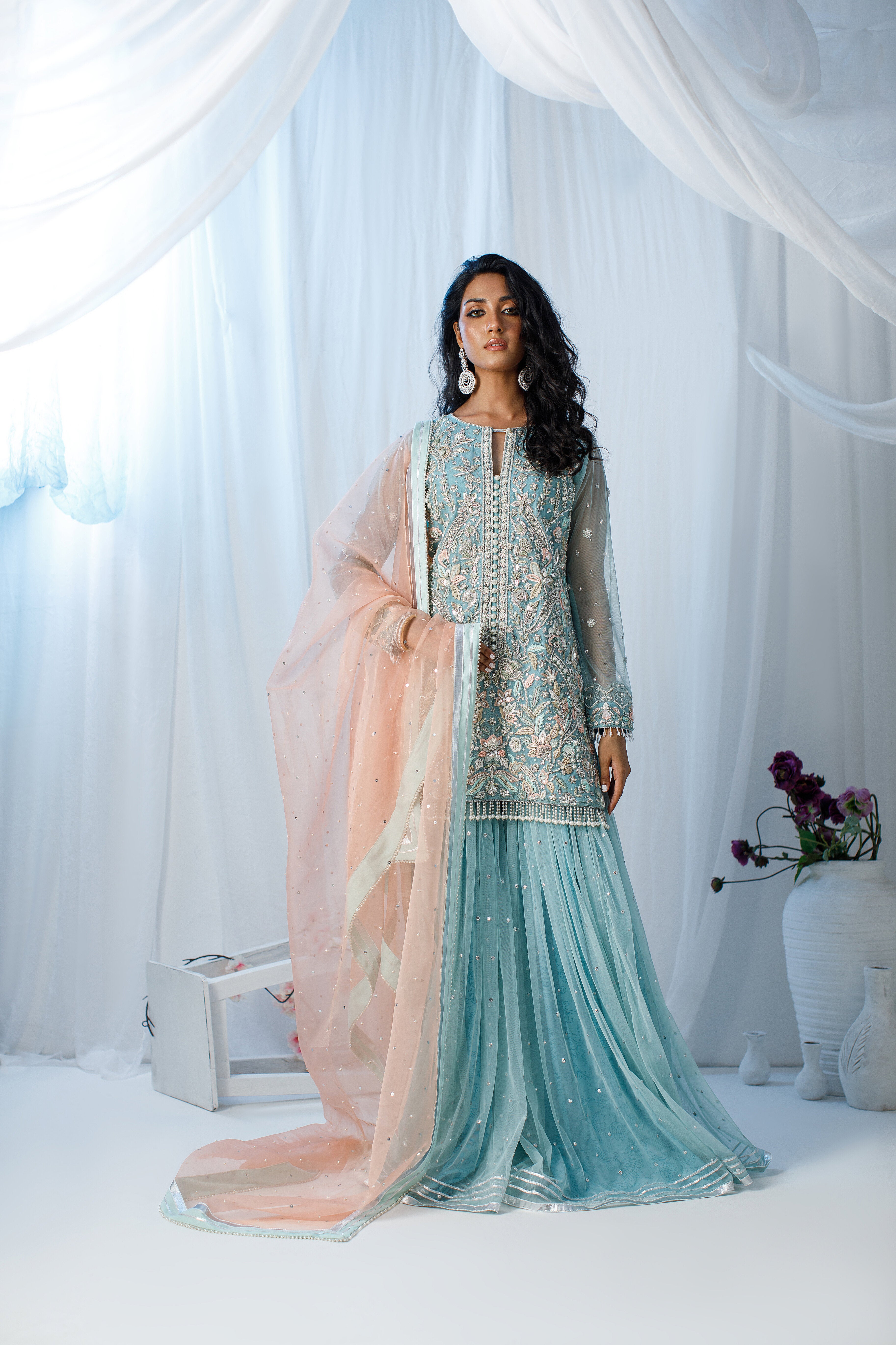 Ferozi & Peach Gharara Set