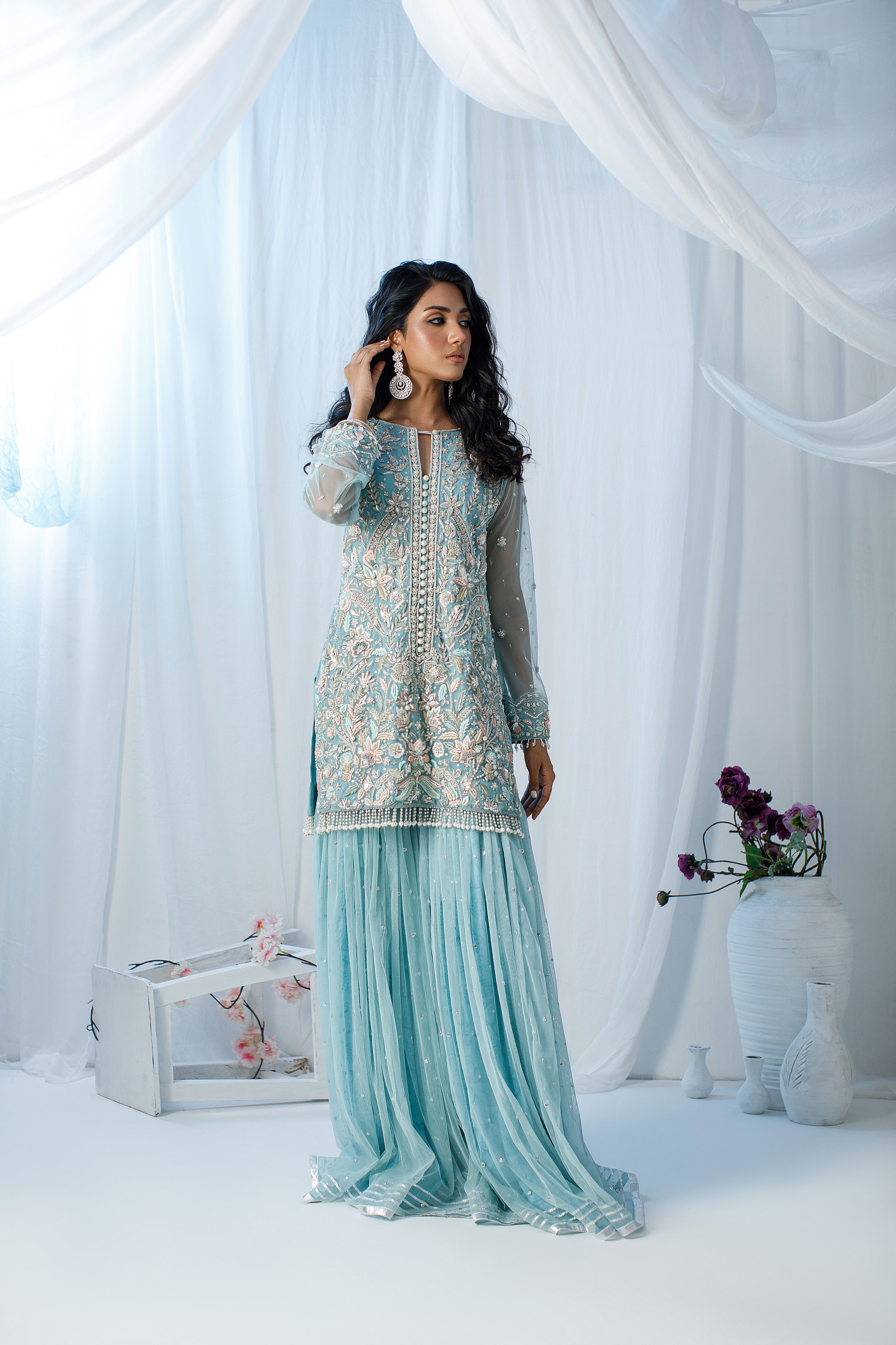 Ferozi & Peach Gharara Set