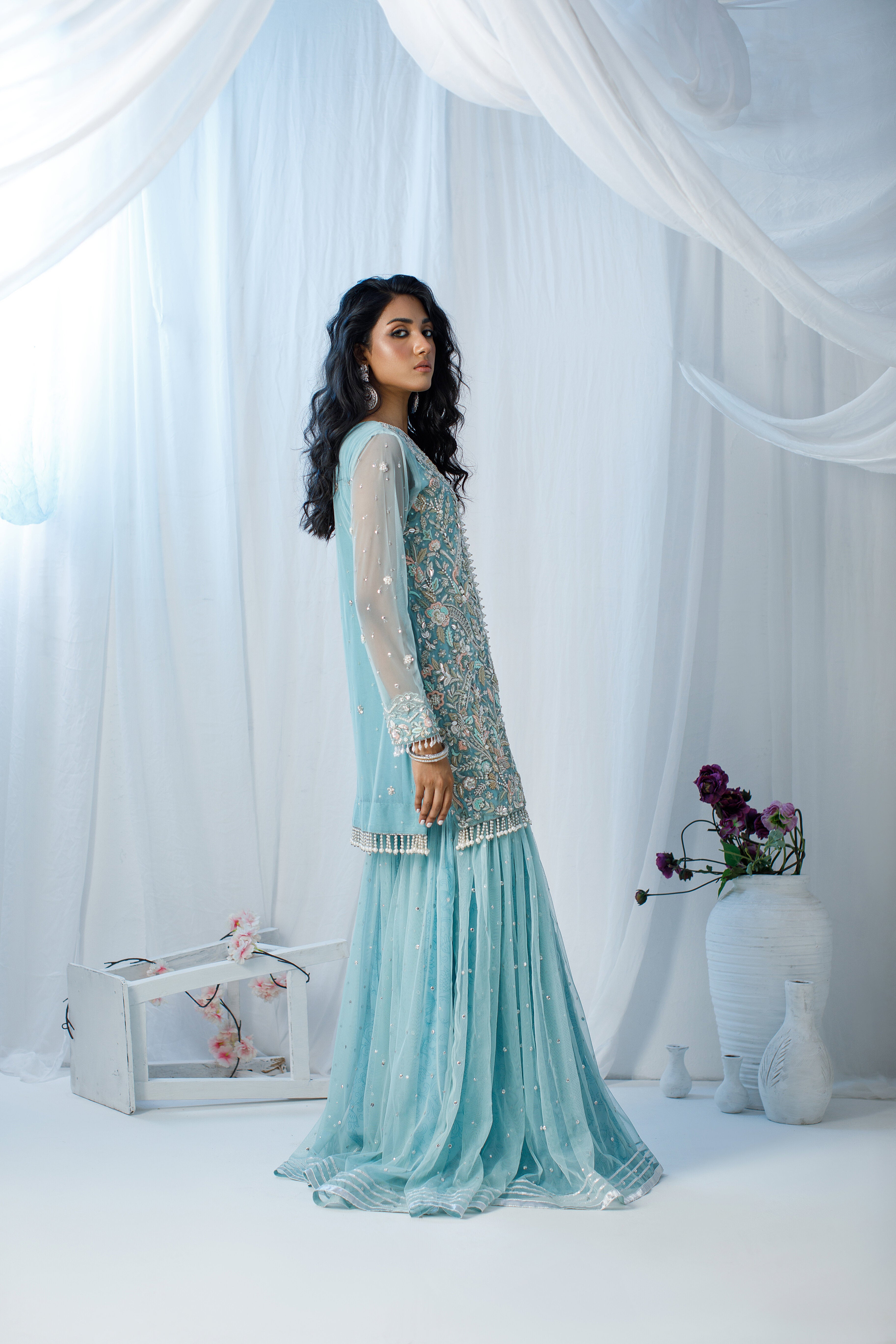 Ferozi & Peach Gharara Set