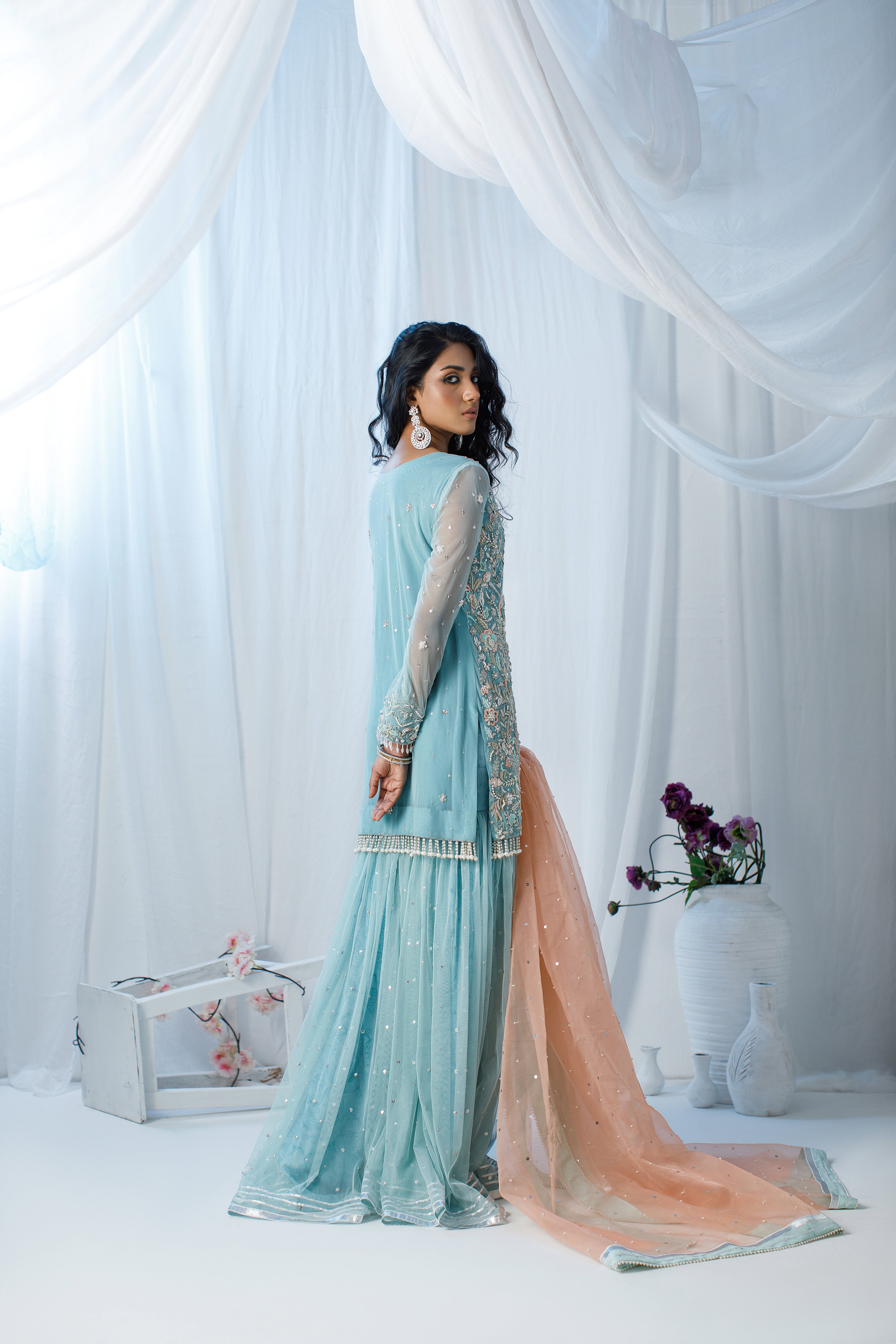 Ferozi & Peach Gharara Set