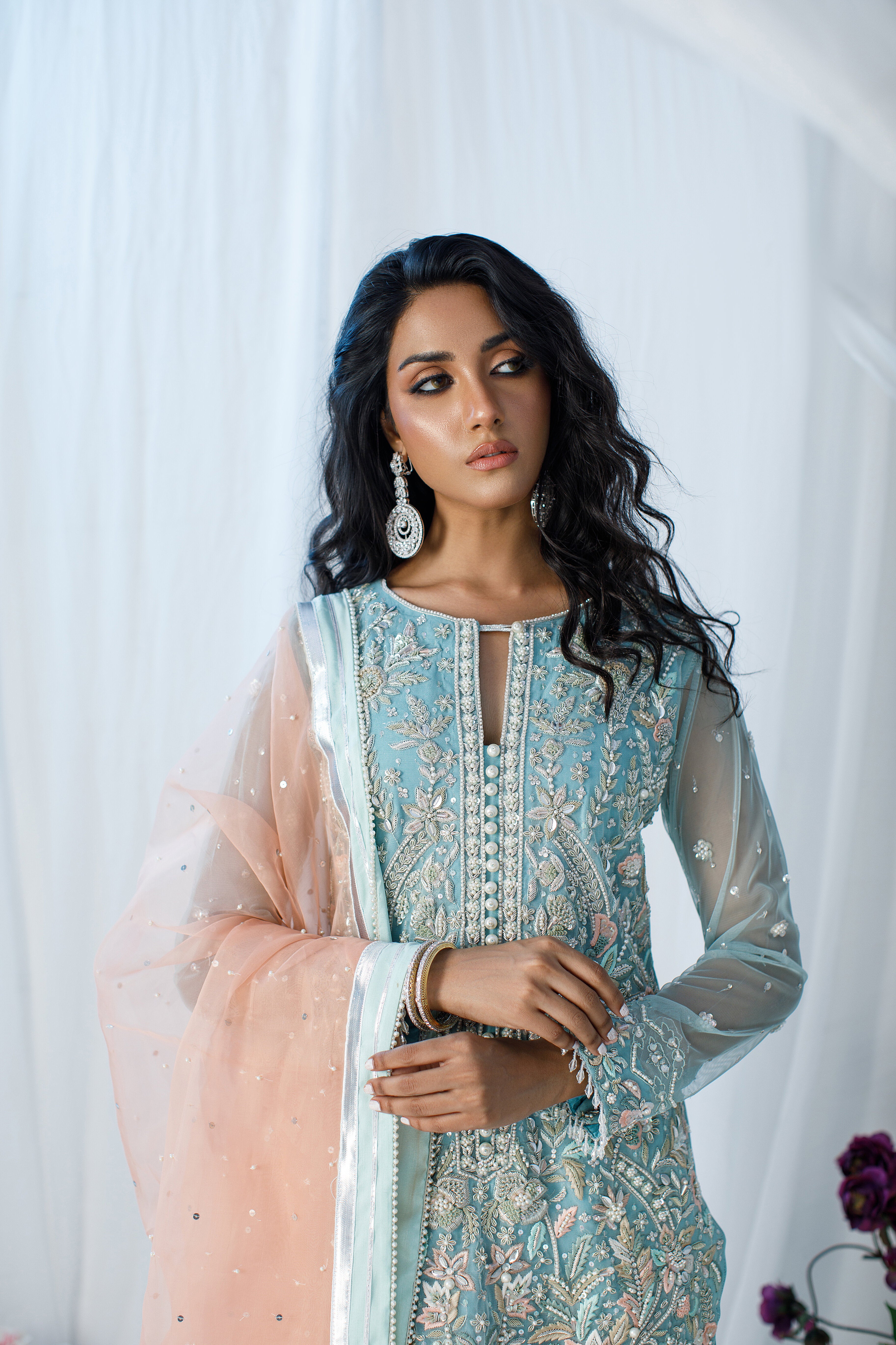 Ferozi & Peach Gharara Set