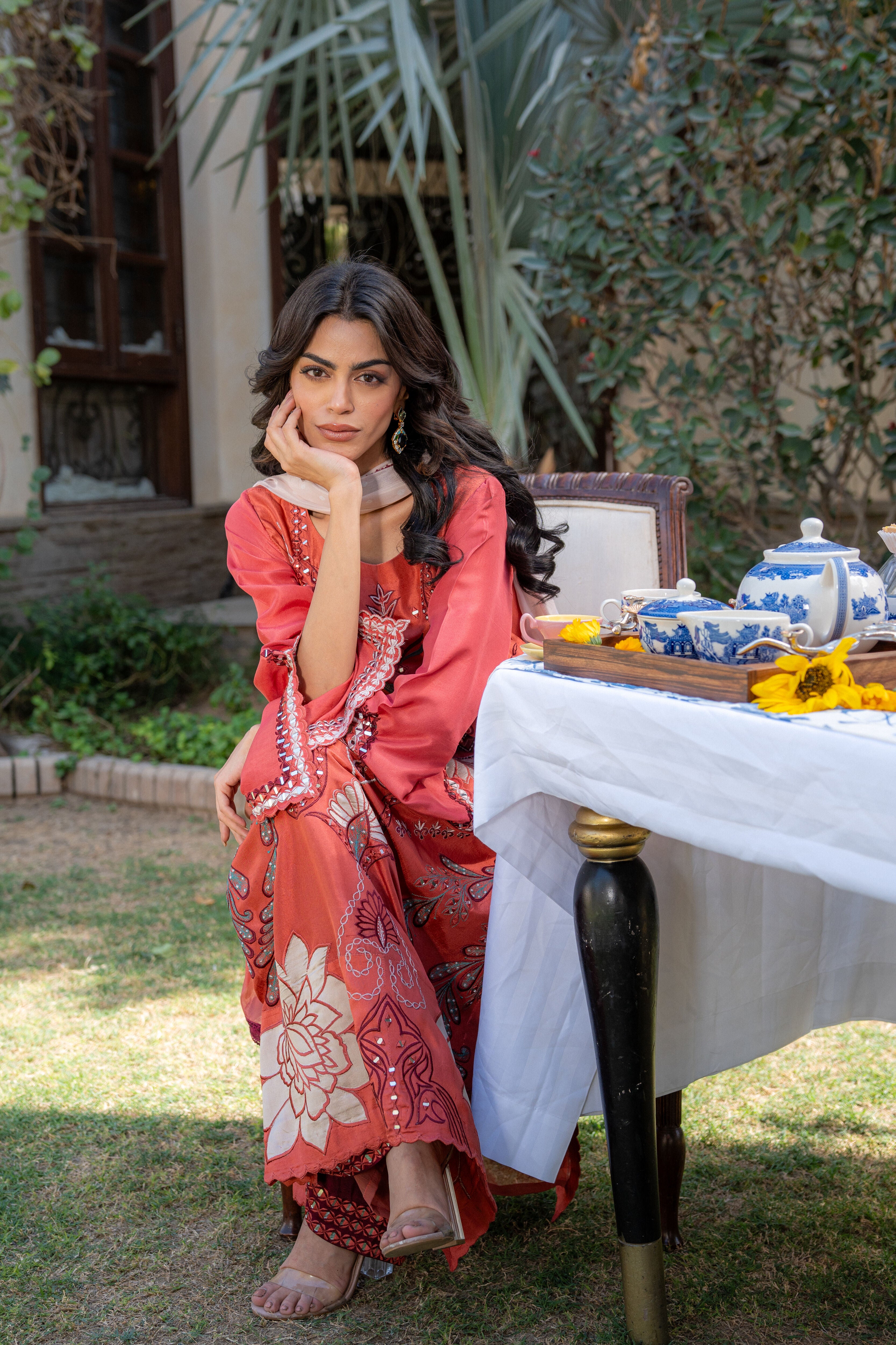 Rust Maroon Kaftan Pari Outfit