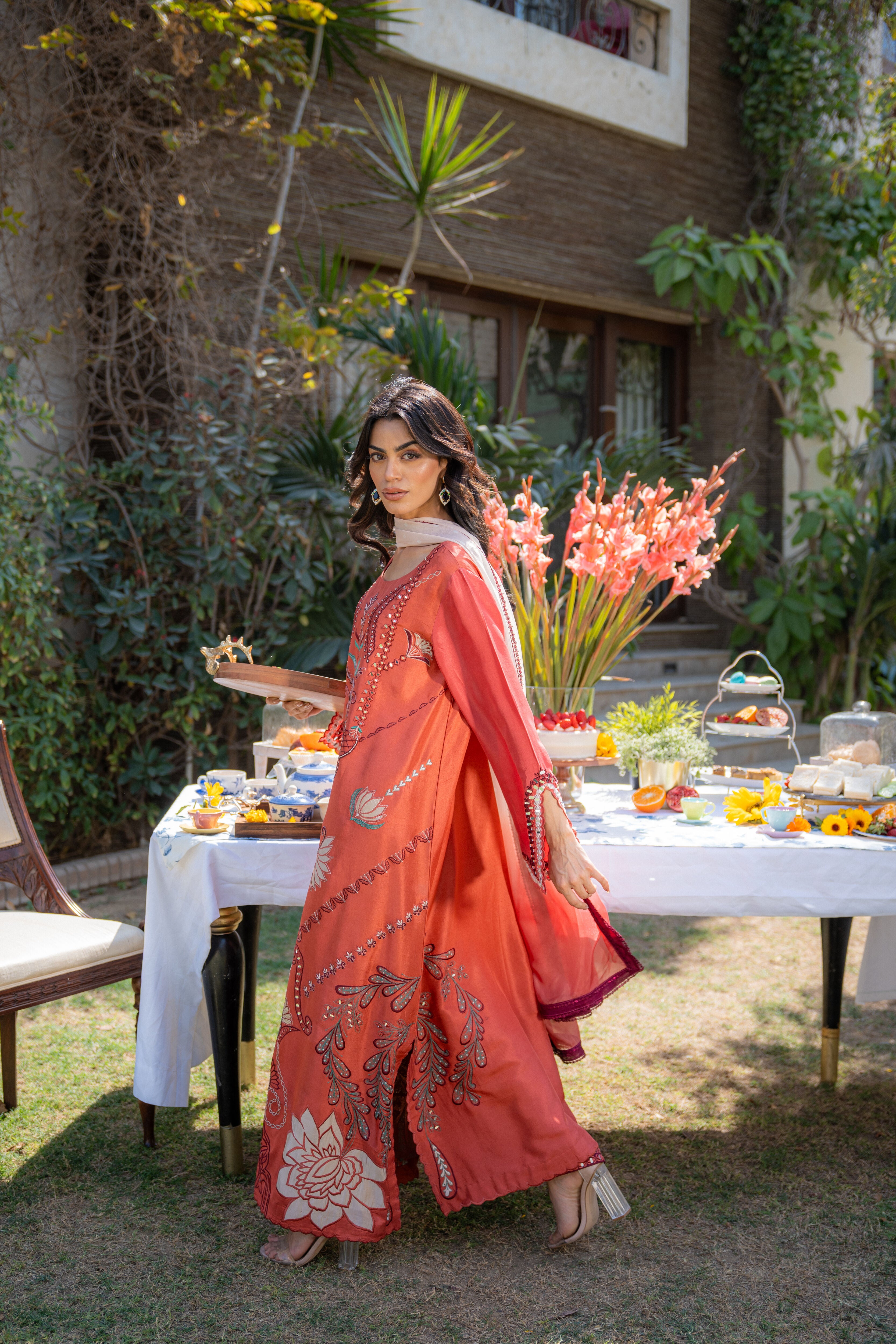 Rust Maroon Kaftan Pari Outfit