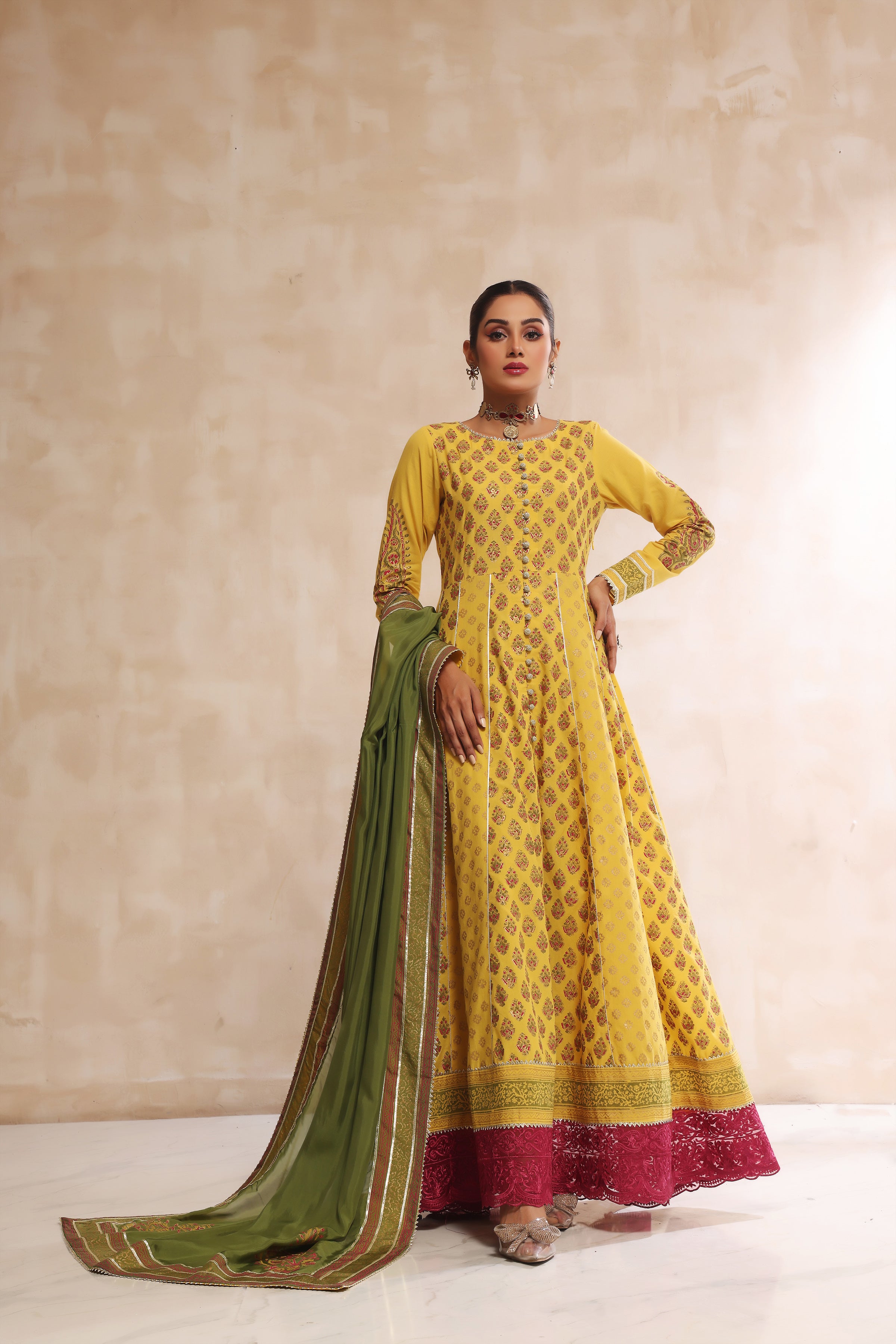 Mustard & Dhani Block Print Anarkali