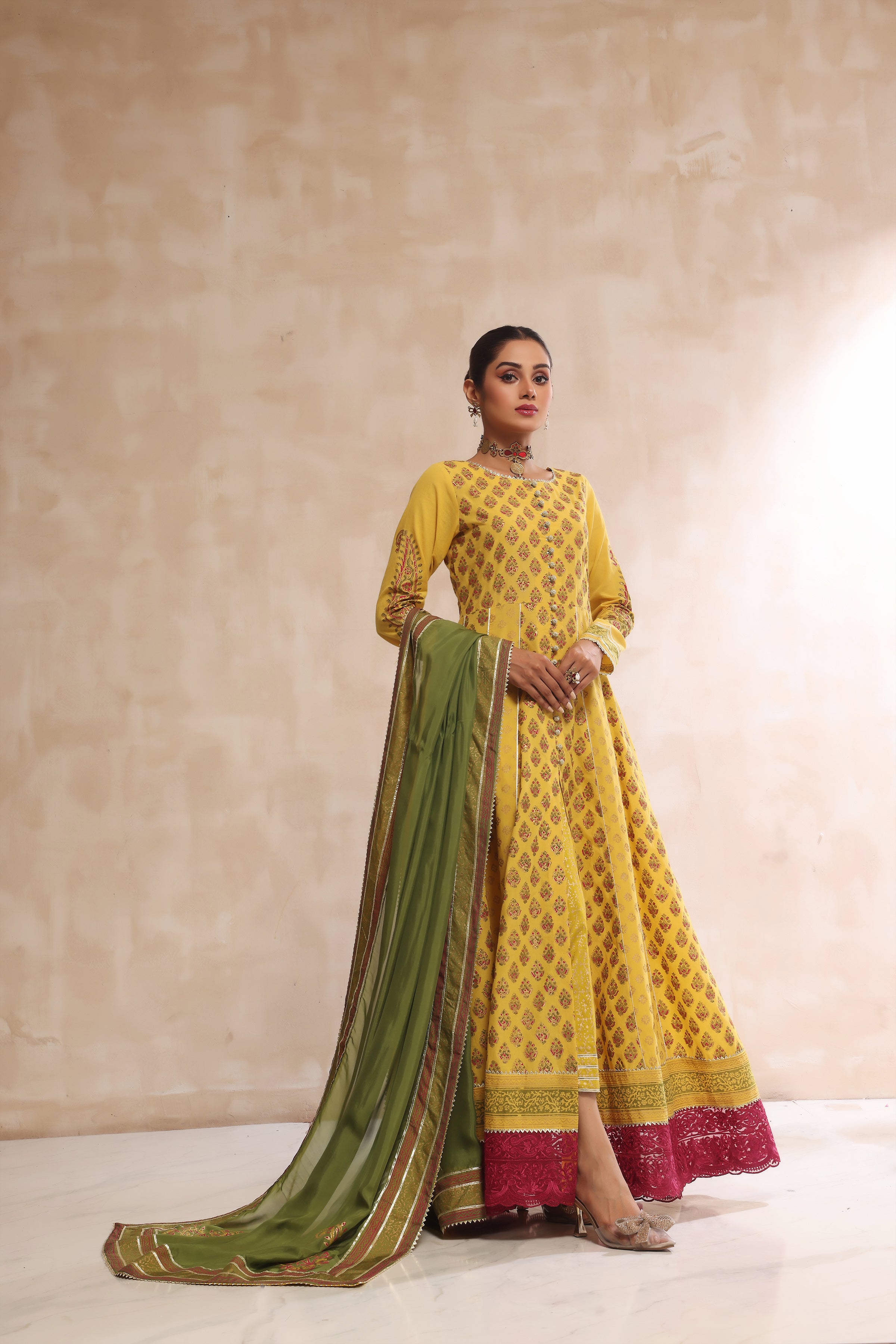 Mustard & Dhani Block Print Anarkali