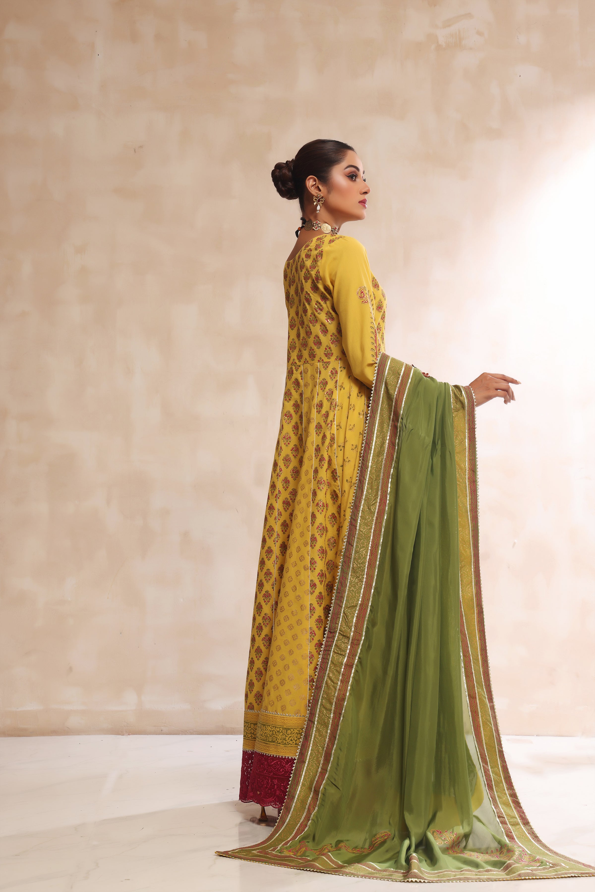 Mustard & Dhani Block Print Anarkali