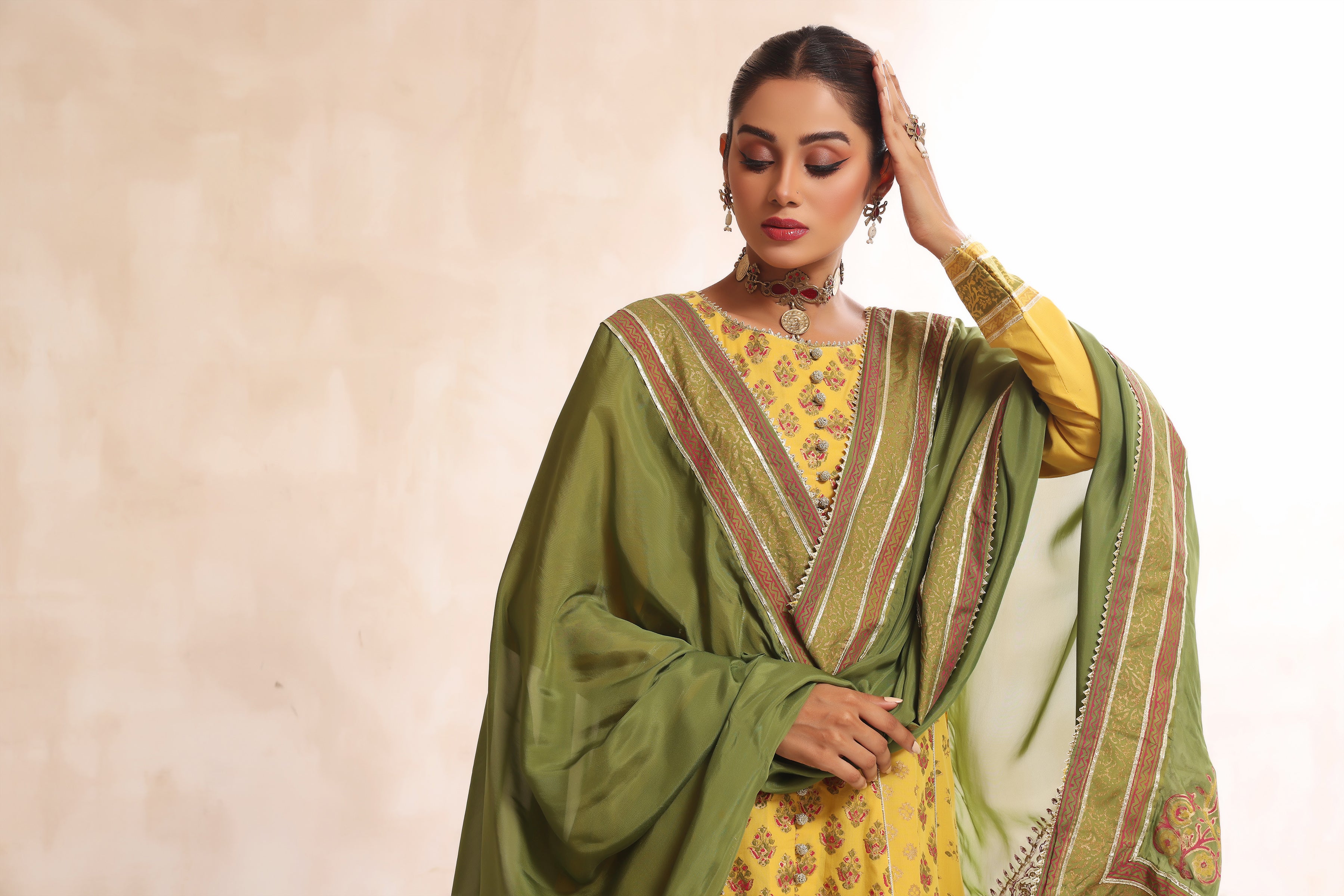 Mustard & Dhani Block Print Anarkali