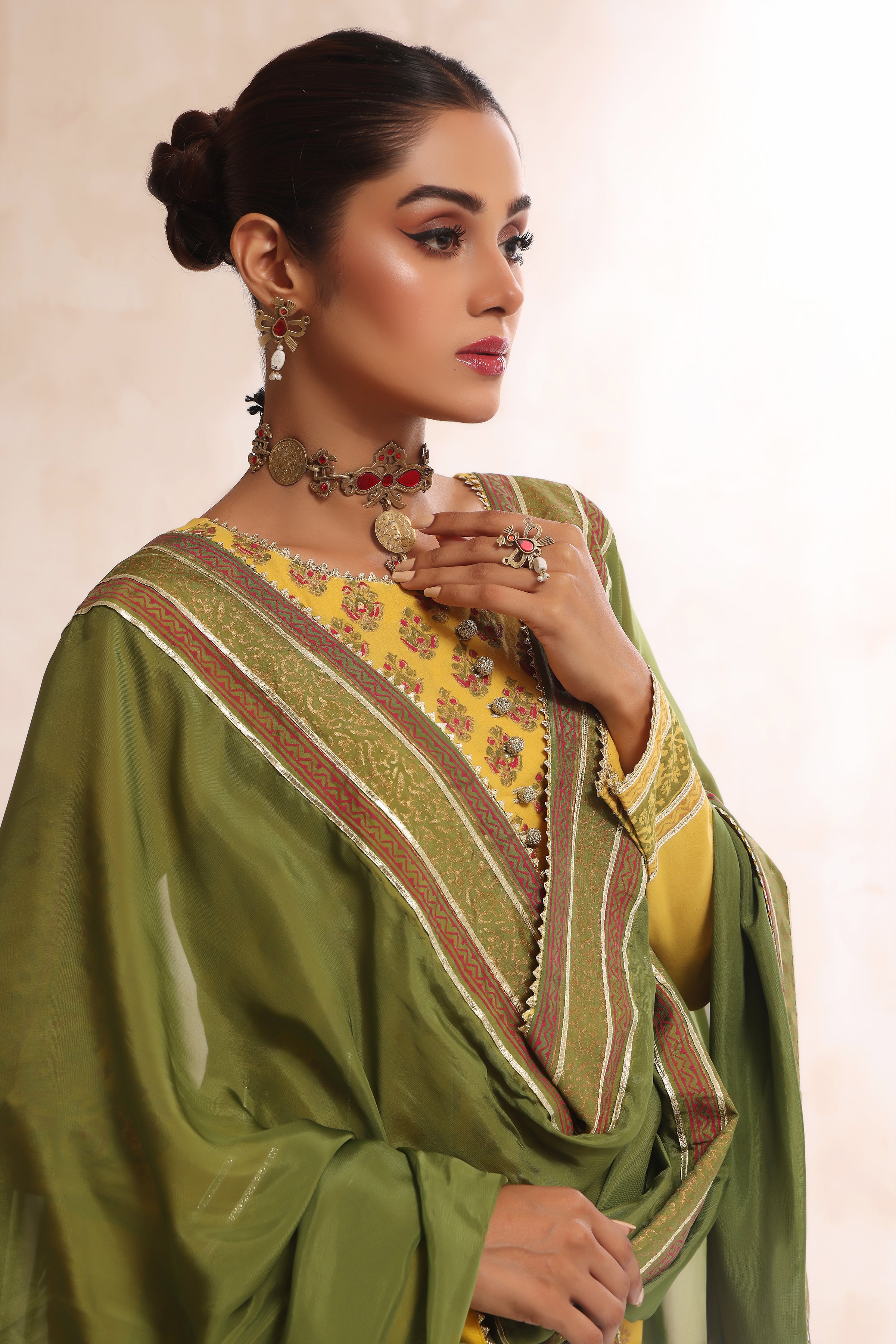 Mustard & Dhani Block Print Anarkali