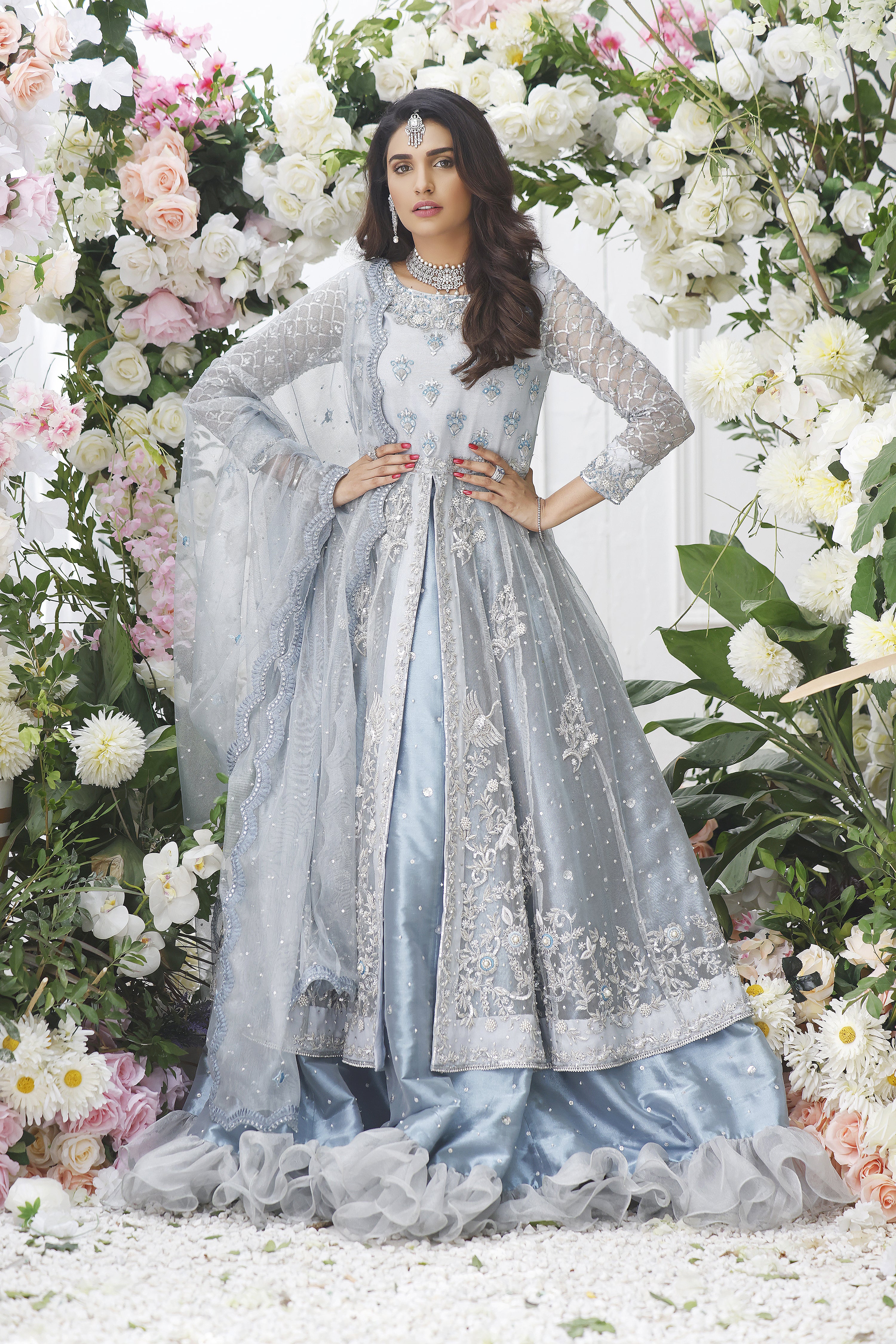 Ice Blue Anarkali with Frill Lenga
