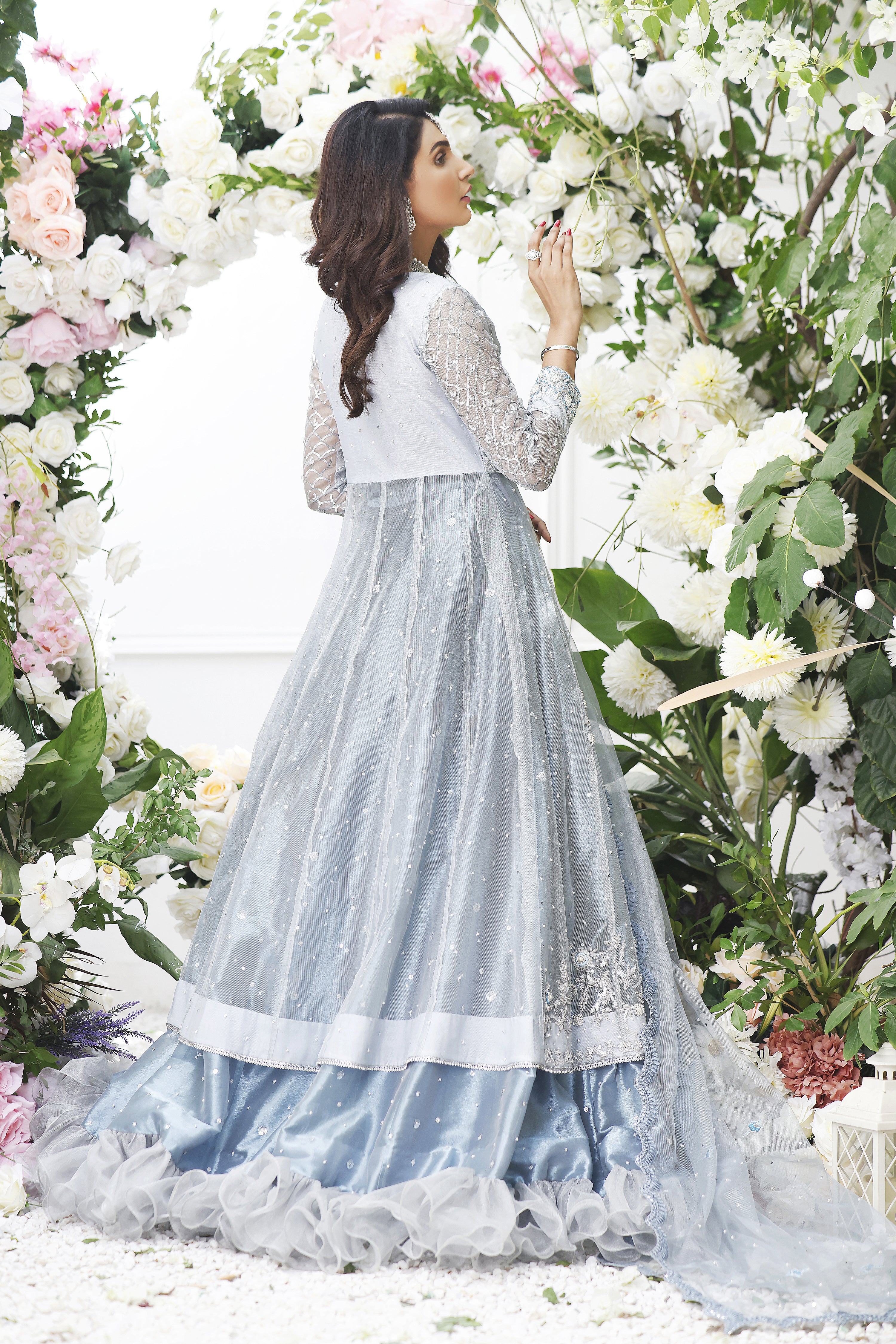 Ice Blue Anarkali with Frill Lenga