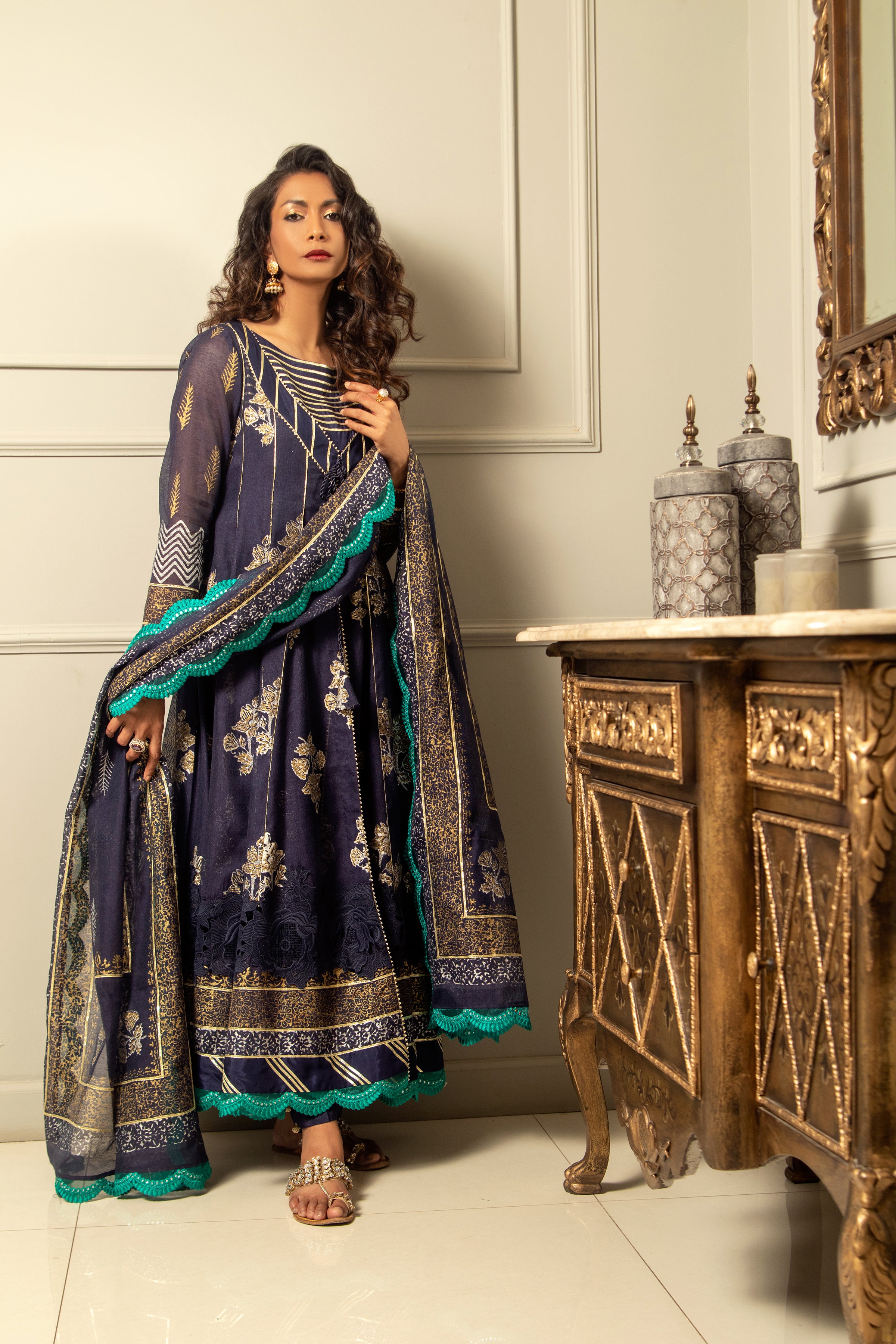 Navy Blue Blocked Anarkali