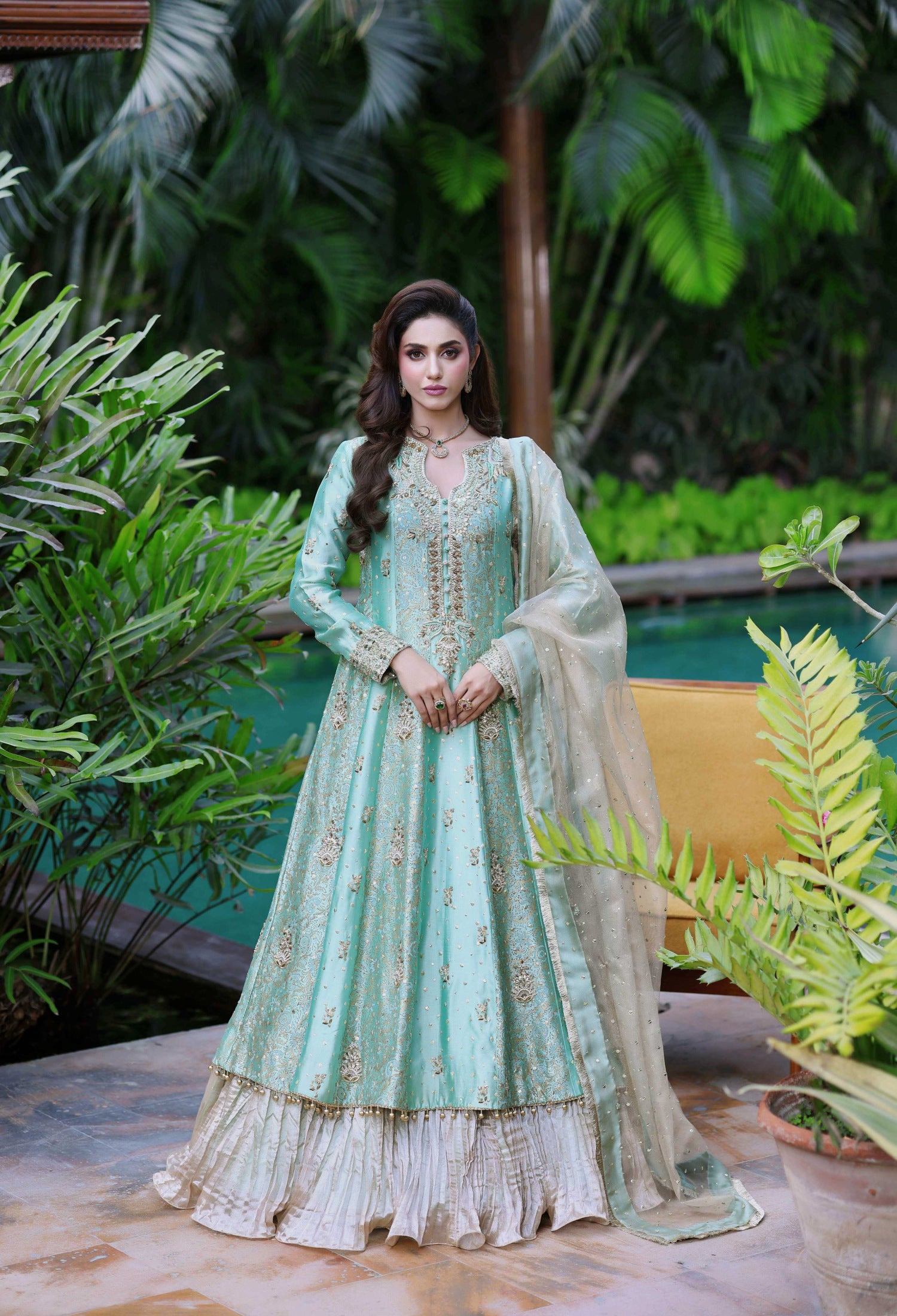 Two-Toned Green Sheesha Block Nur Anarkali
