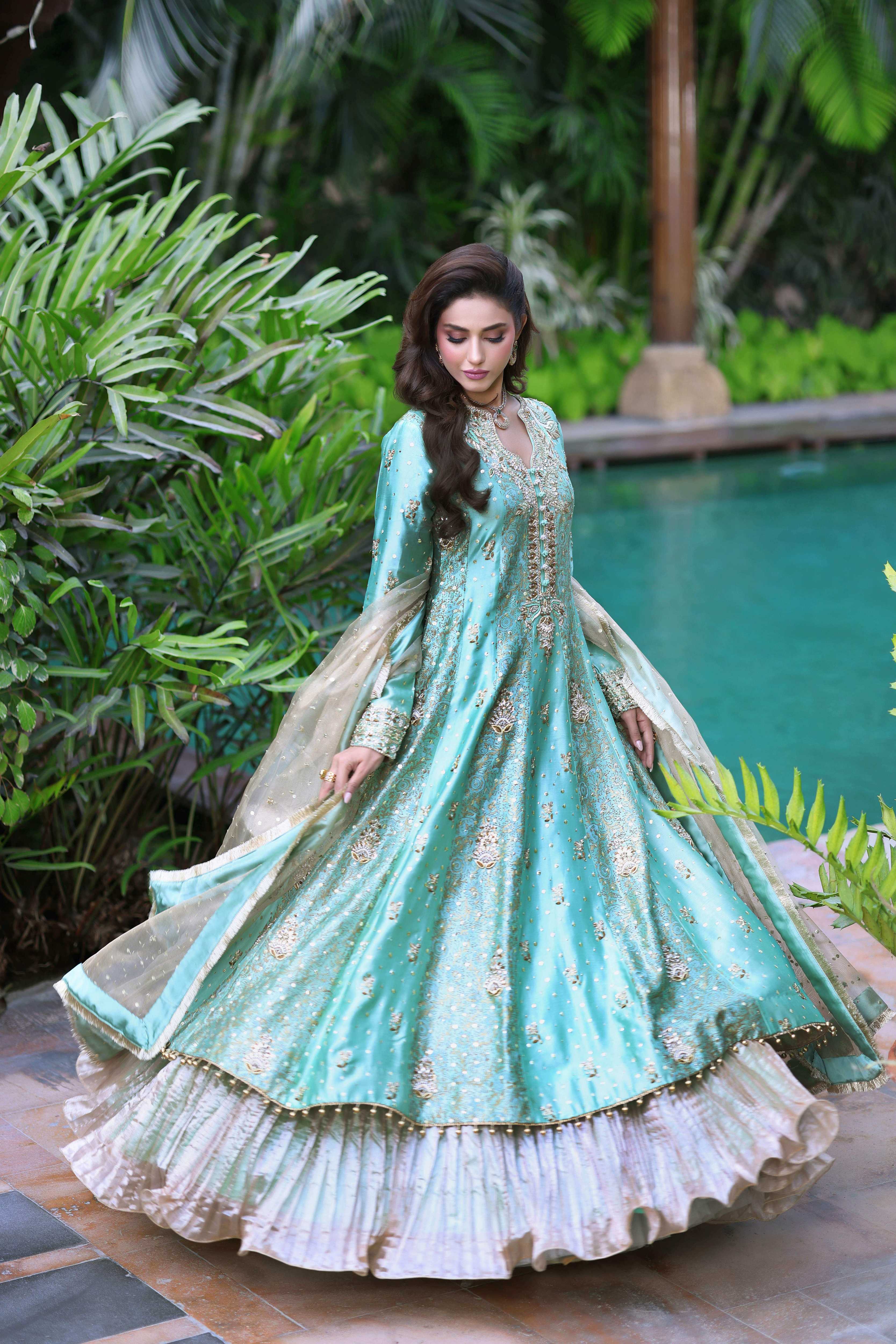 Two-Toned Green Sheesha Block Nur Anarkali