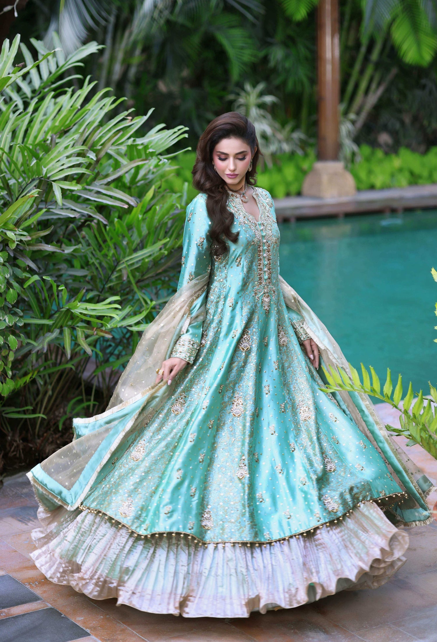 Two-Toned Green Sheesha Block Nur Anarkali