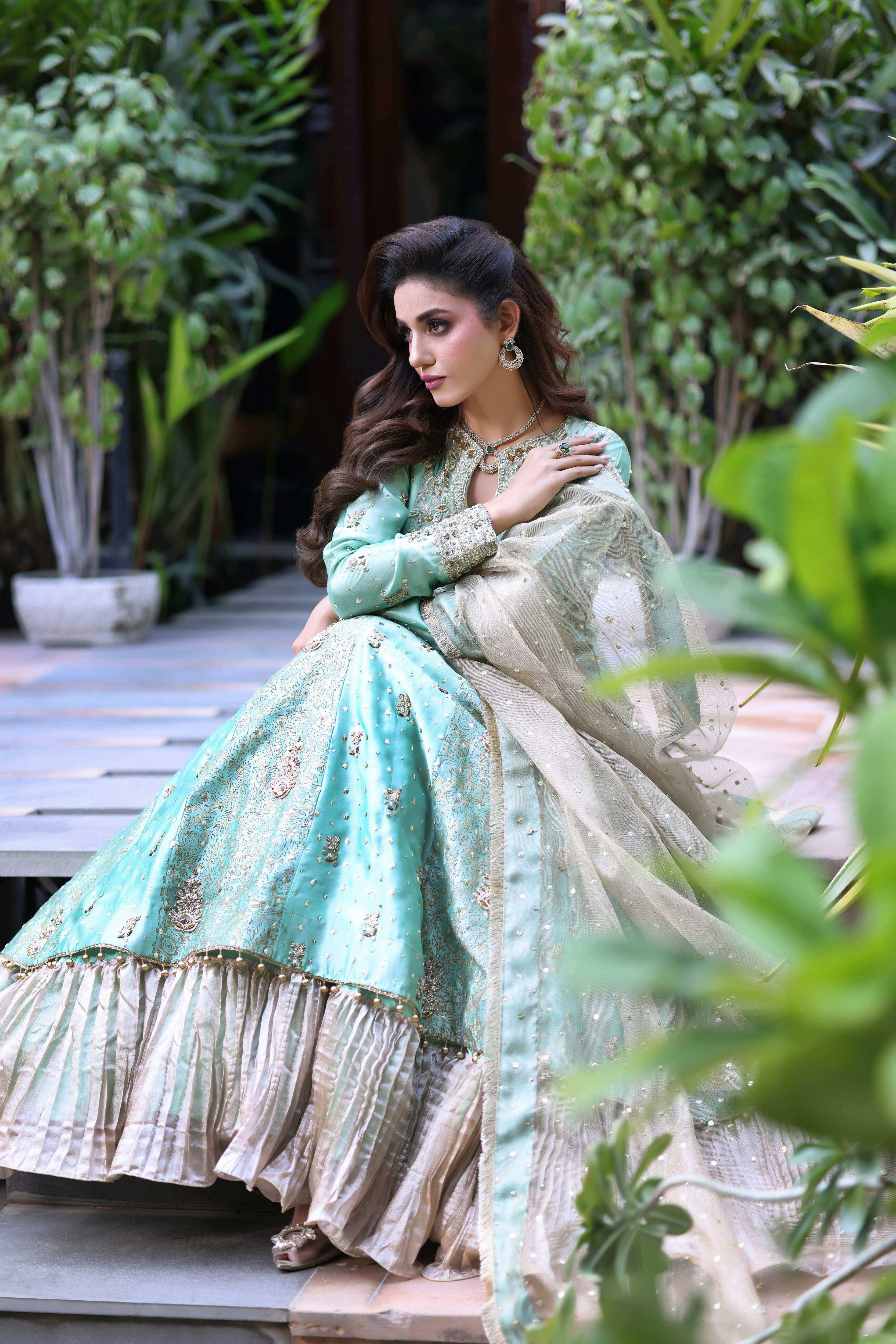 Two-Toned Green Sheesha Block Nur Anarkali