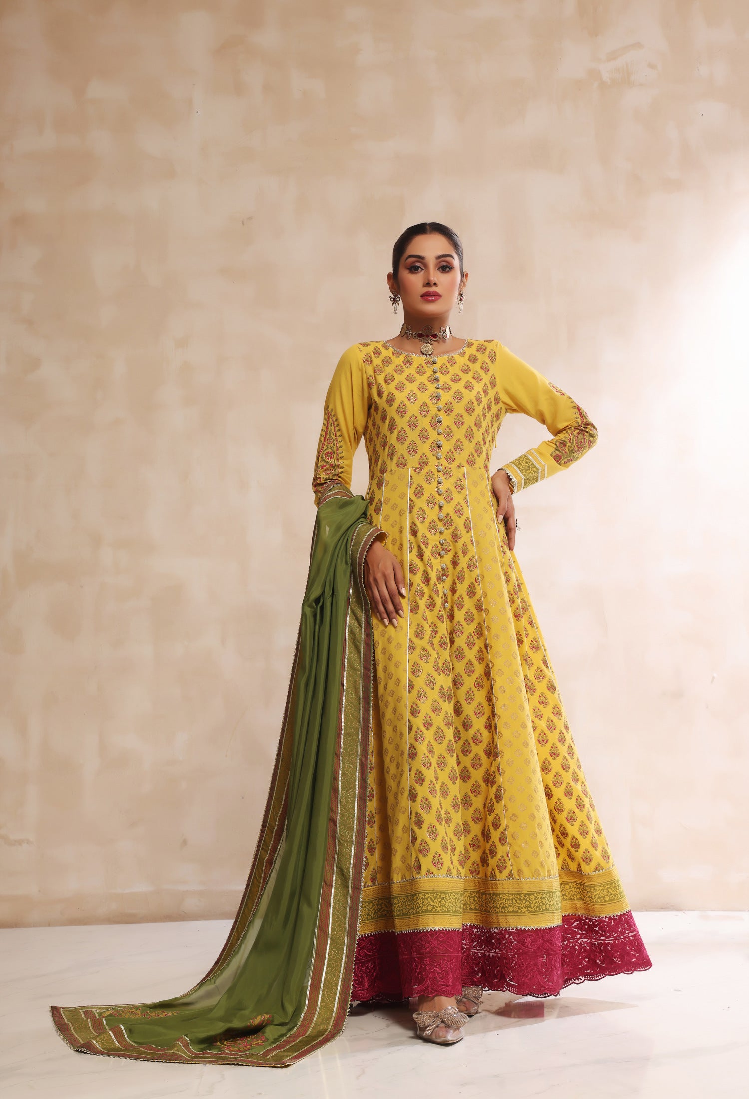 Mustard & Dhani Block Print Anarkali
