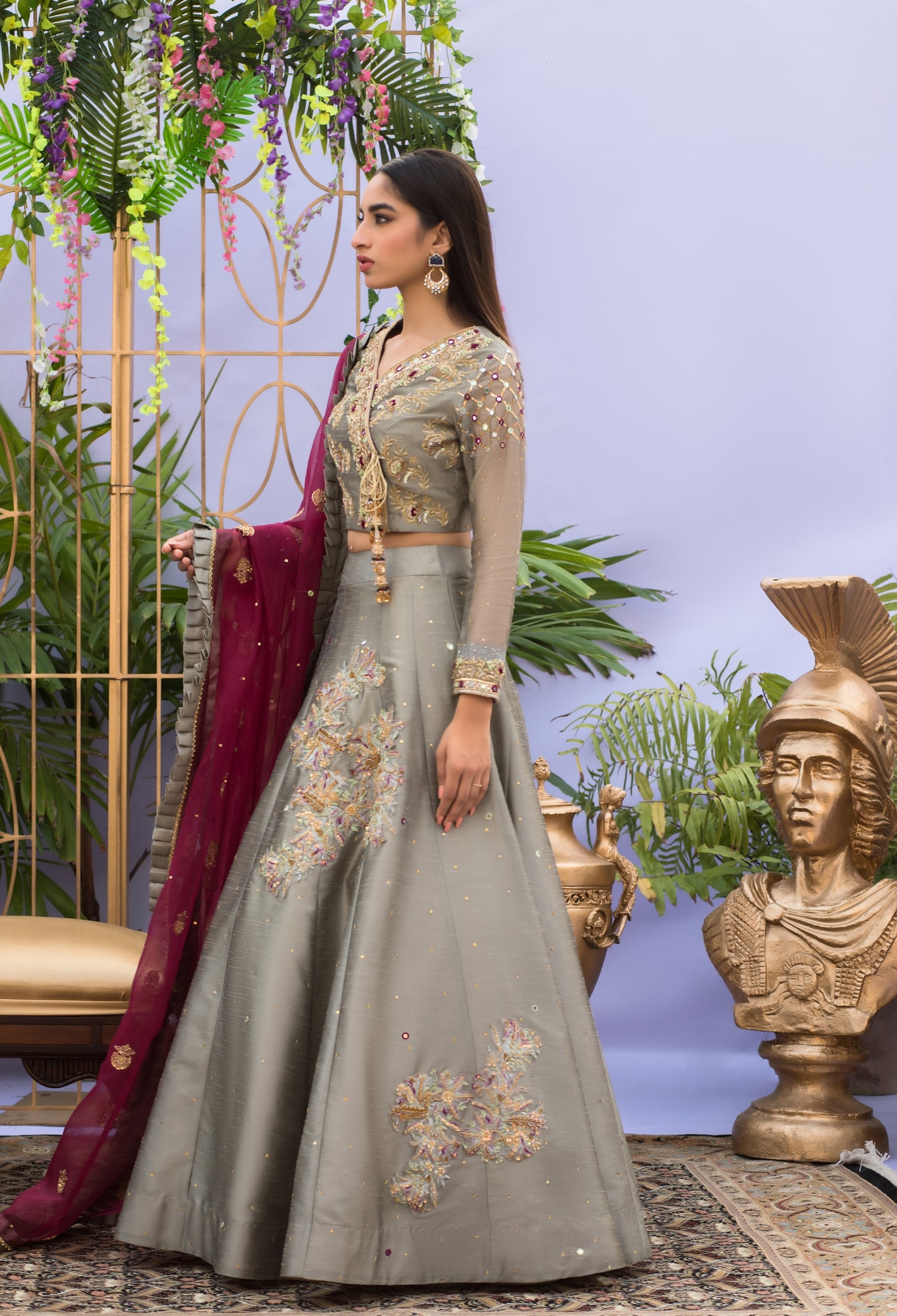 Grey and Magenta Lenga Choli