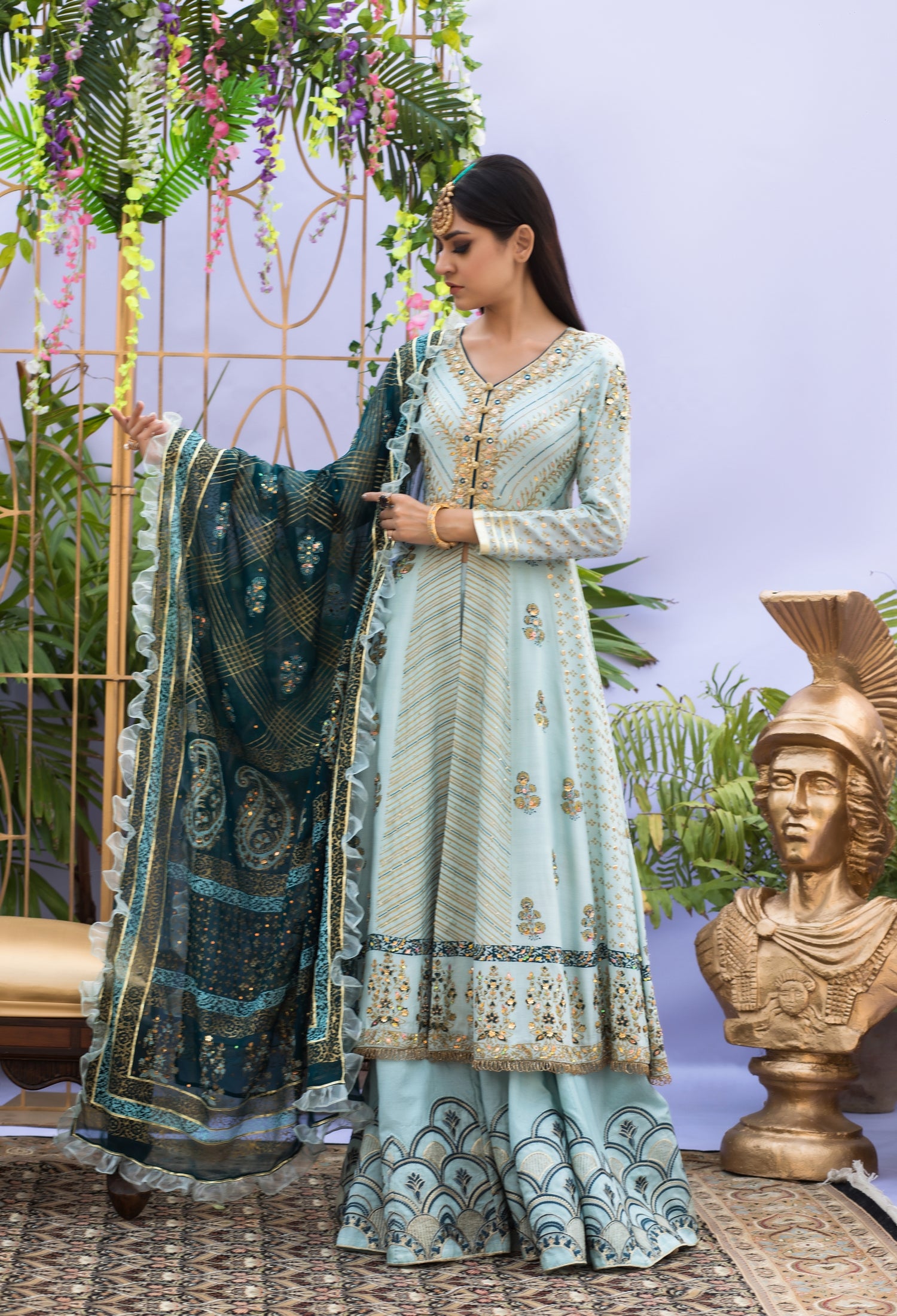 Ferozi and Teal BlockPrint Angarkha