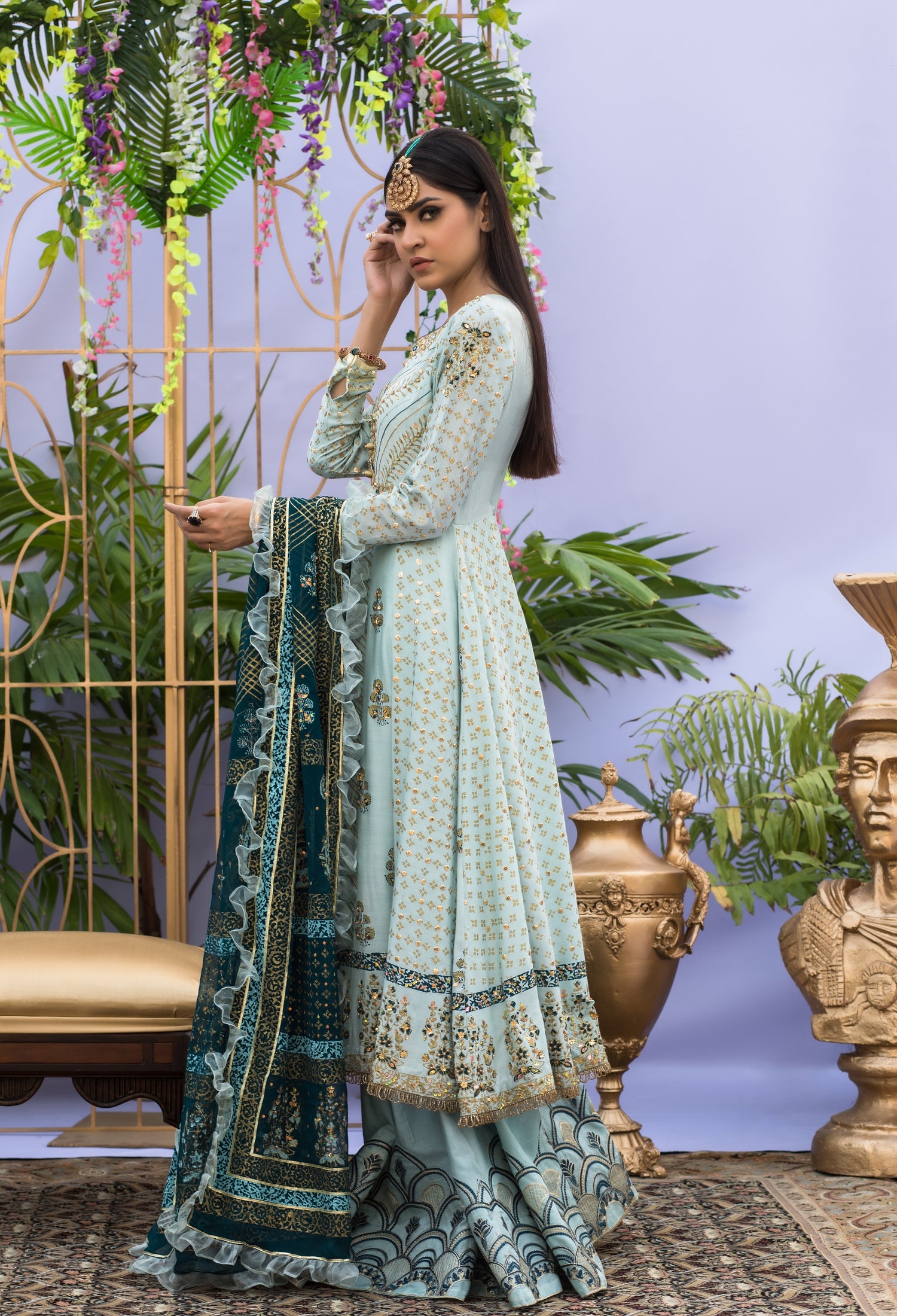 Ferozi and Teal BlockPrint Angarkha