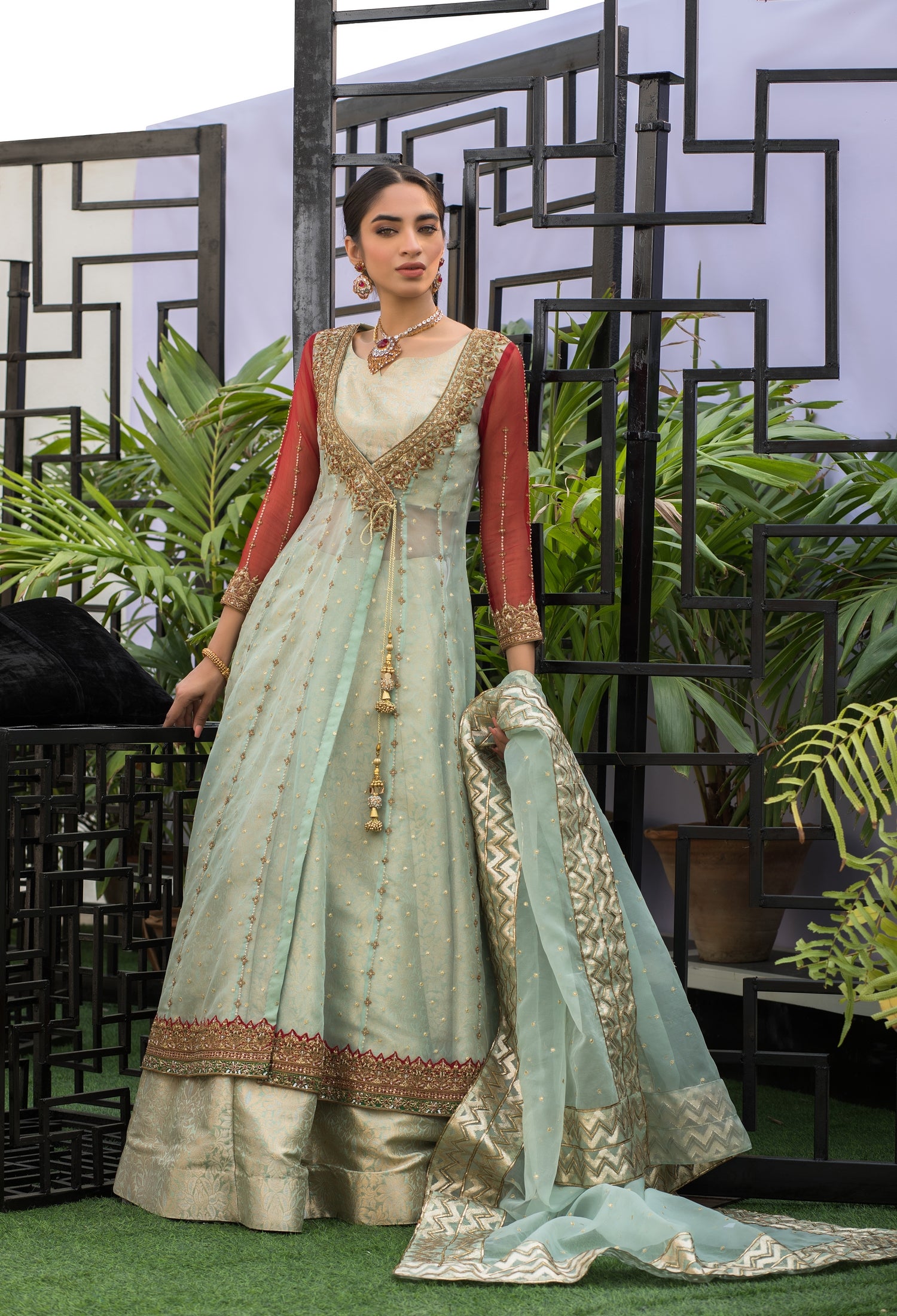 Mint Green and Red Angarkha and Lenga