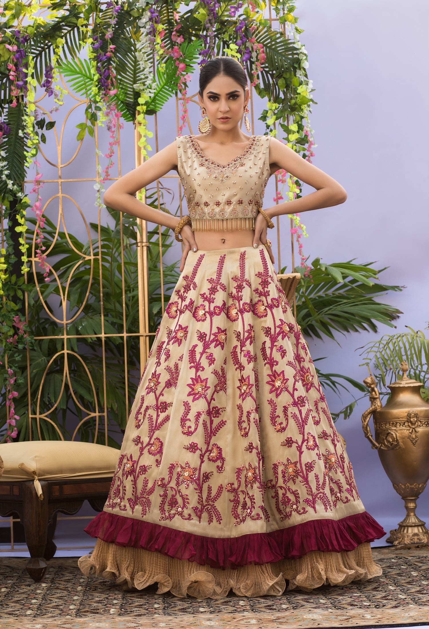 Gold and Magenta Lenga Choli