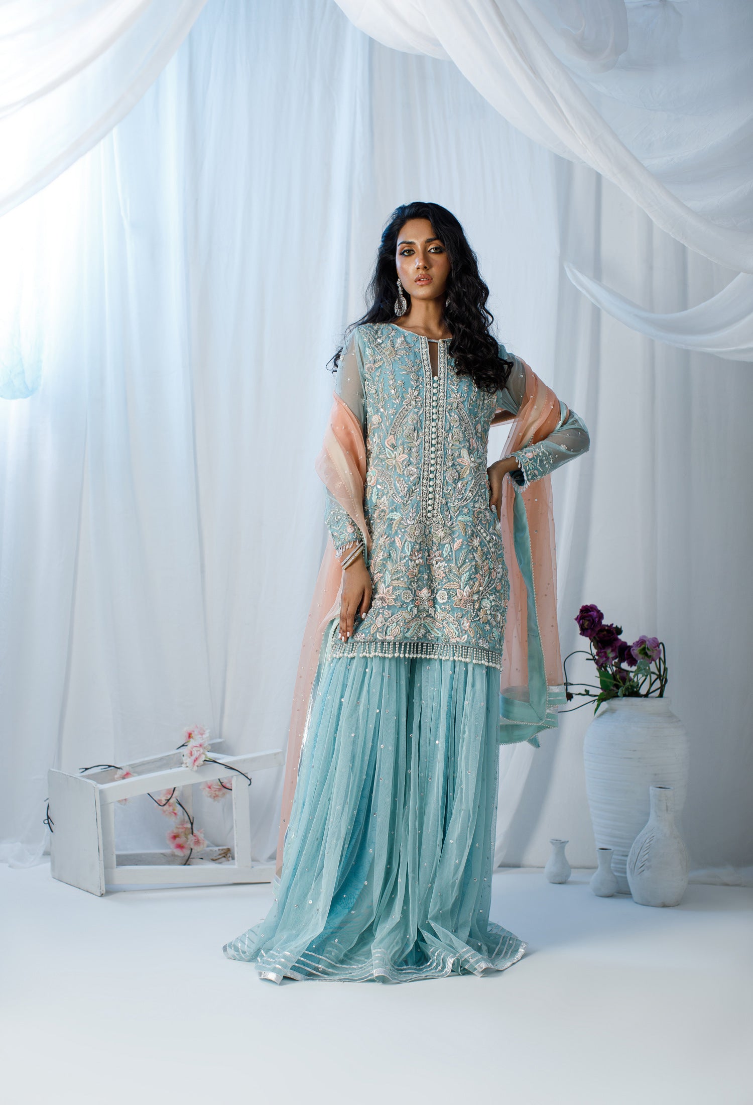 Ferozi & Peach Gharara Set