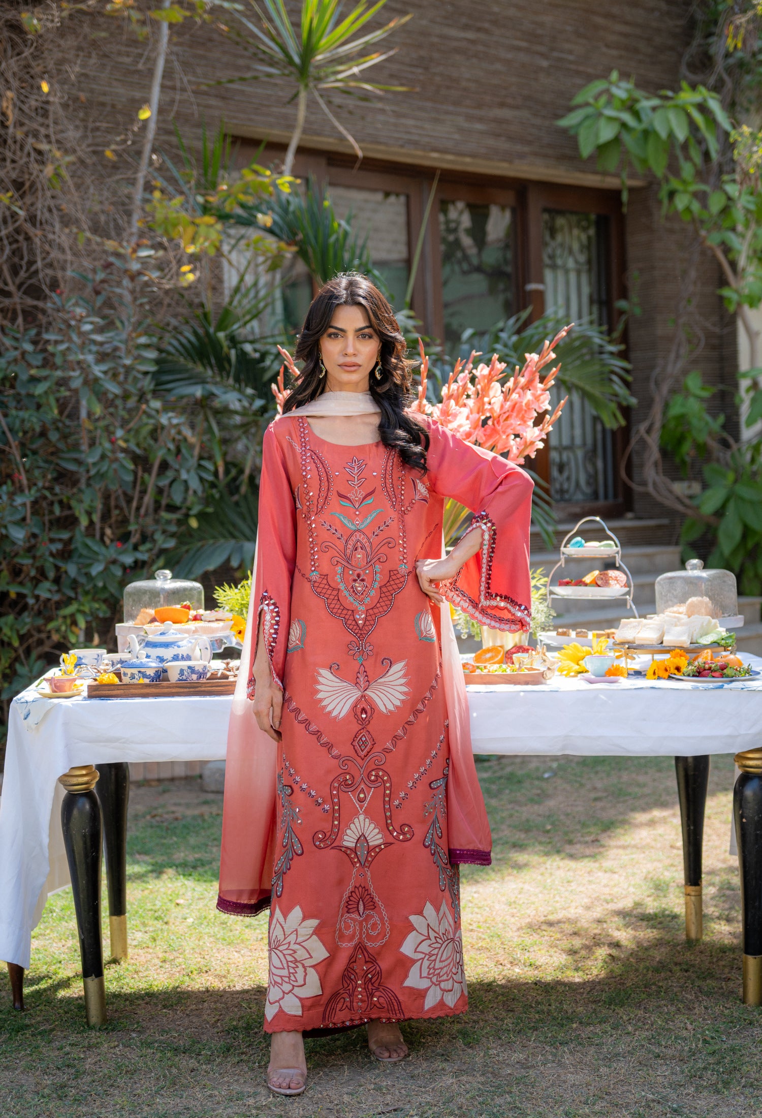 Rust Maroon Kaftan Pari Outfit